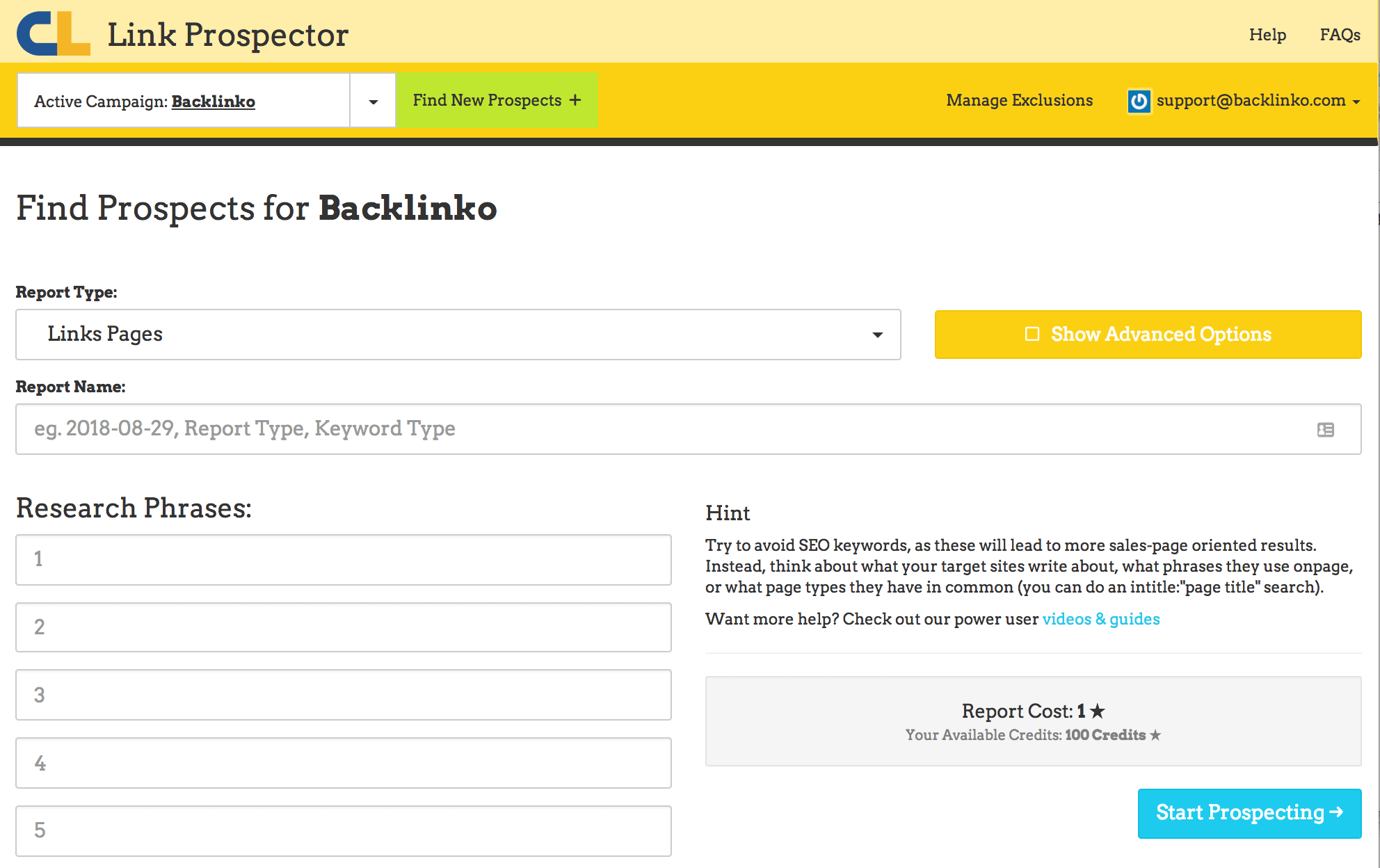Link Prospector – Enter keywords Link Prospector – Enter keywords