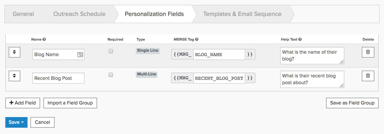 Pitchbox – Personalized fields Pitchbox – Personalized fields