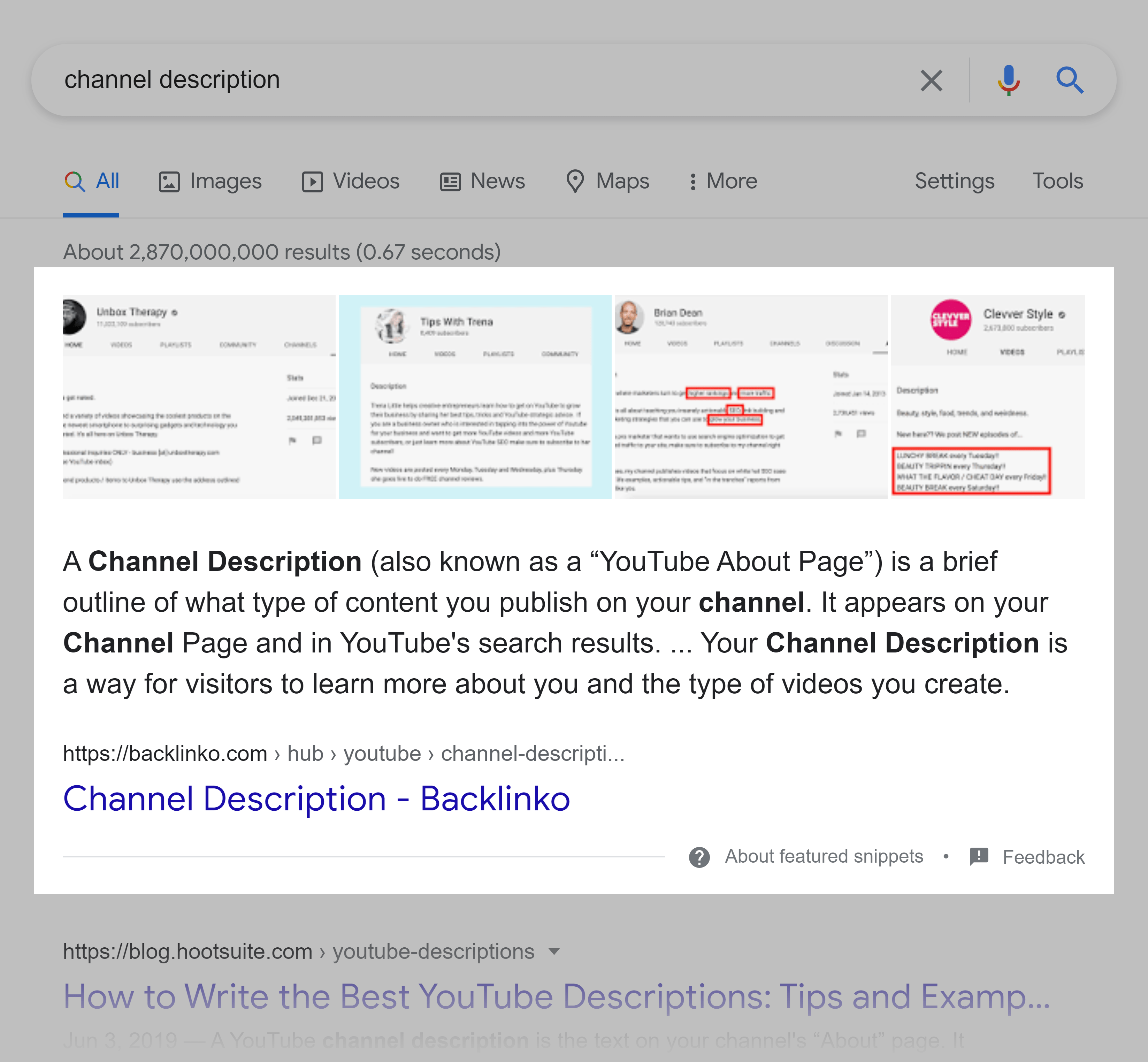 Google Serp – Channel Description – Featured Snippet