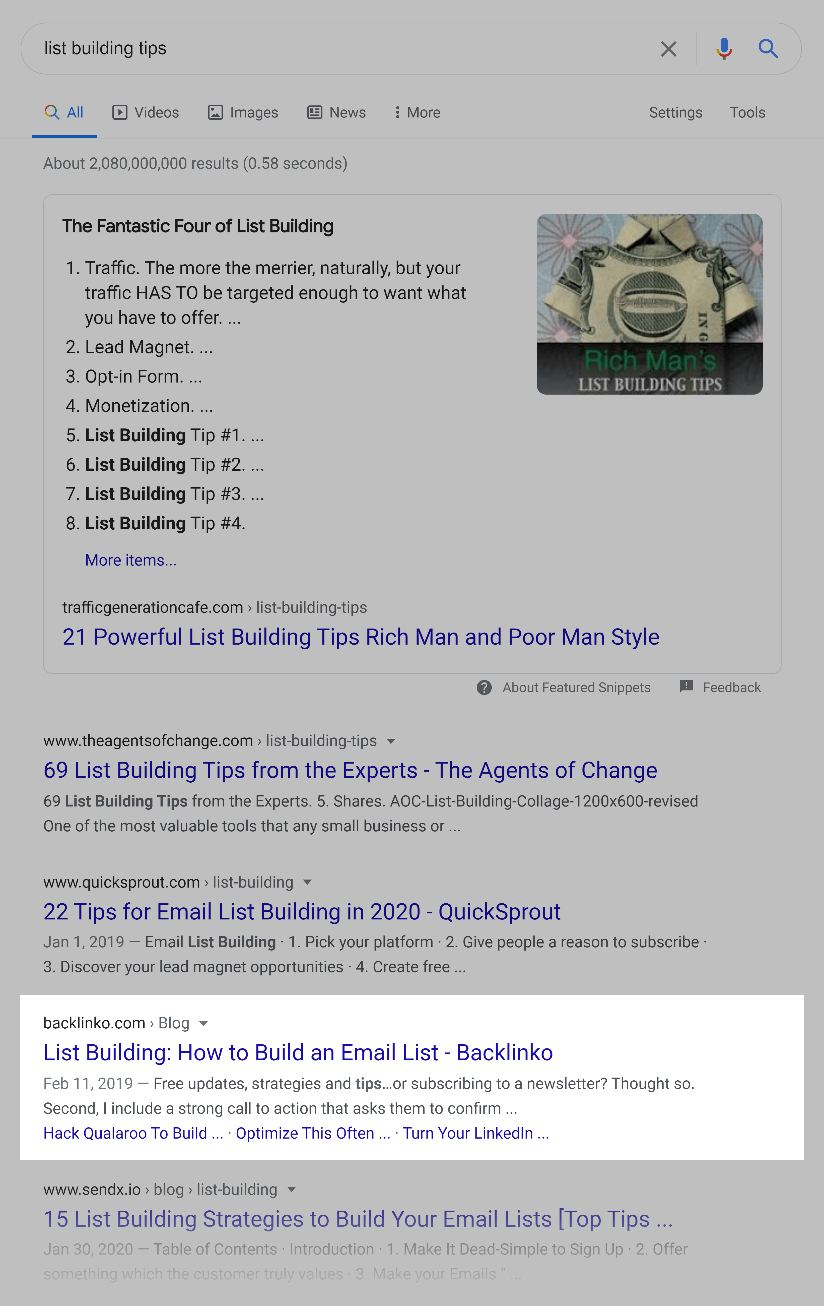 Google SERP – List building tips Google SERP – List building tips