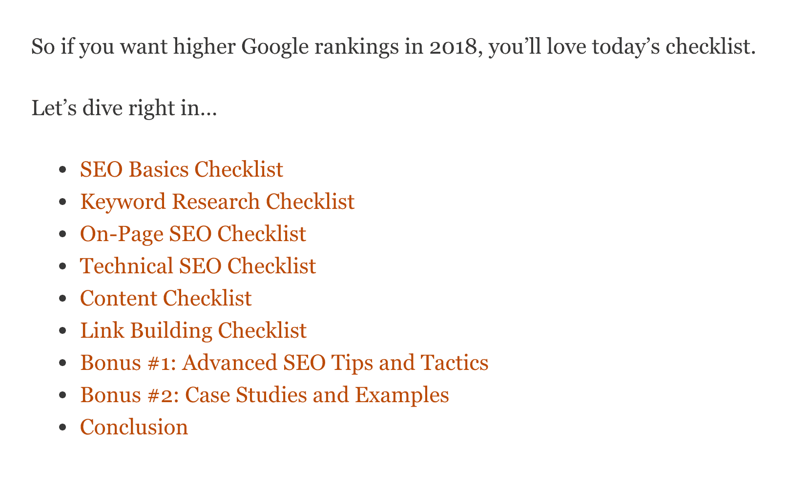 SEO Checklist – Table of contents