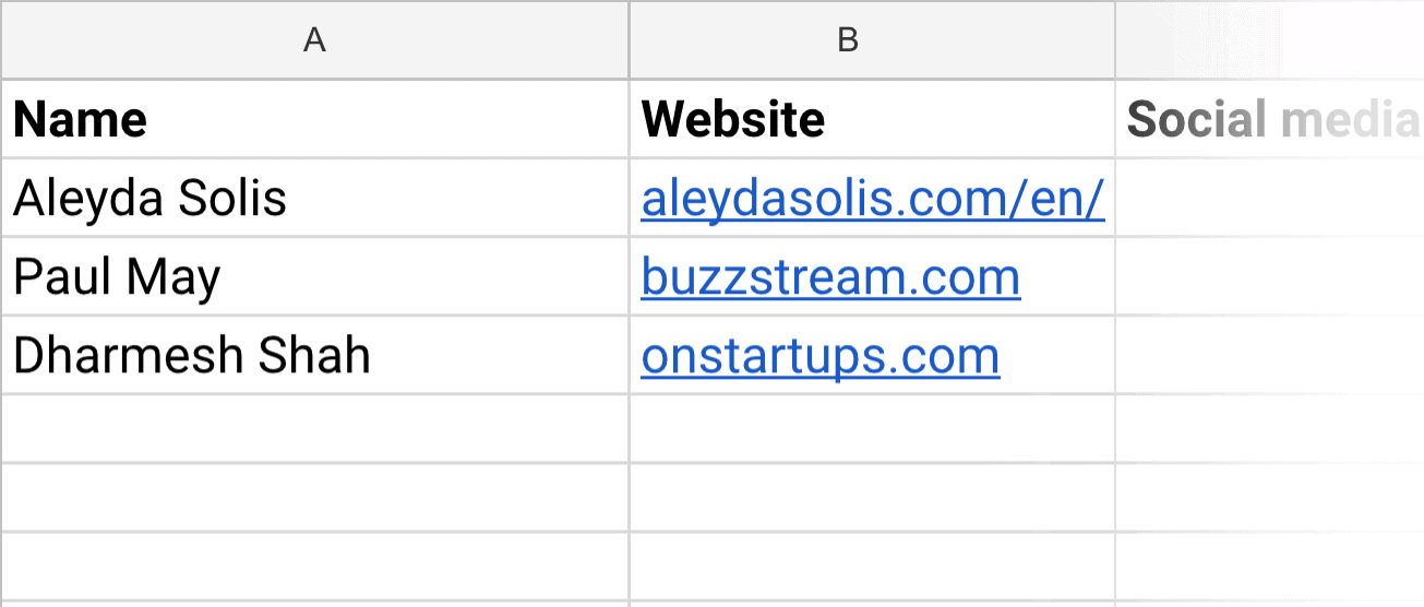 Blogger research spreadsheet – Name and website