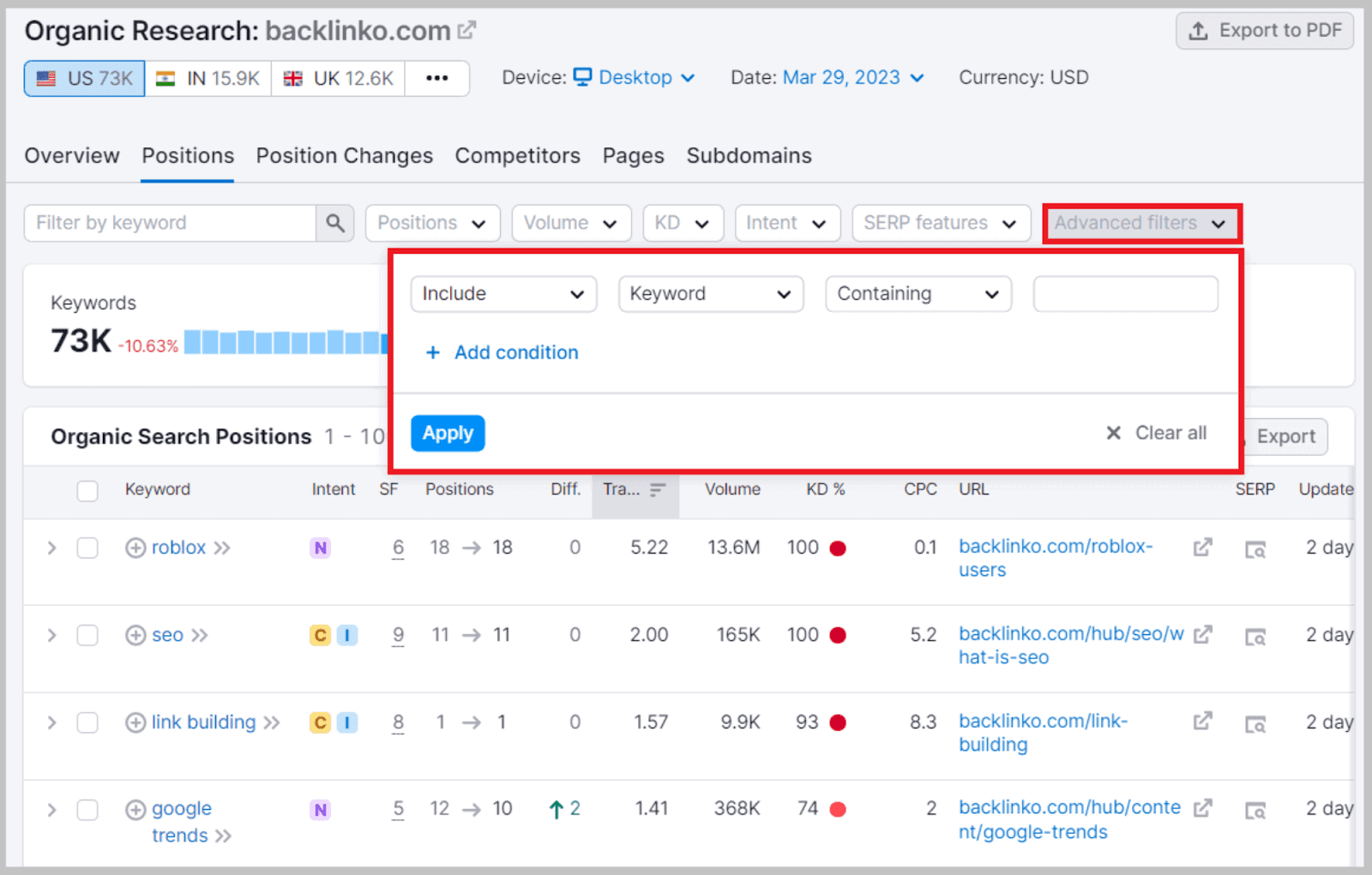 Filter for structured keywords