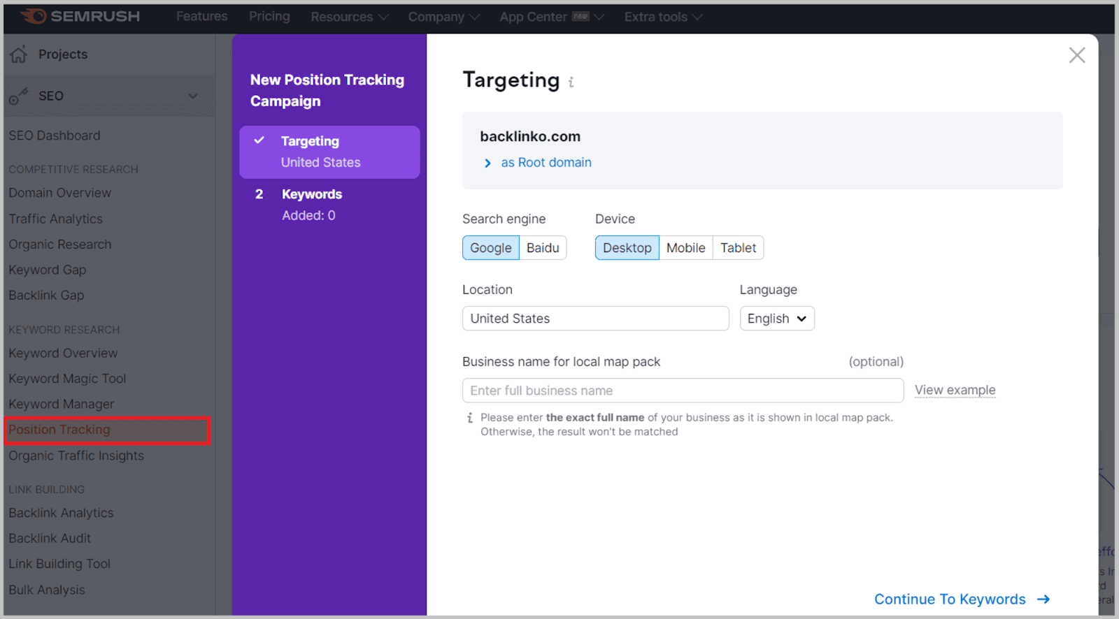 Positional tracking for keywords