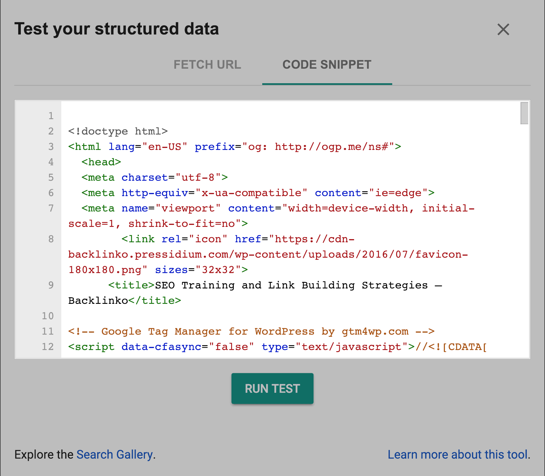 Google Structured Data Testing Tool - Code snippet