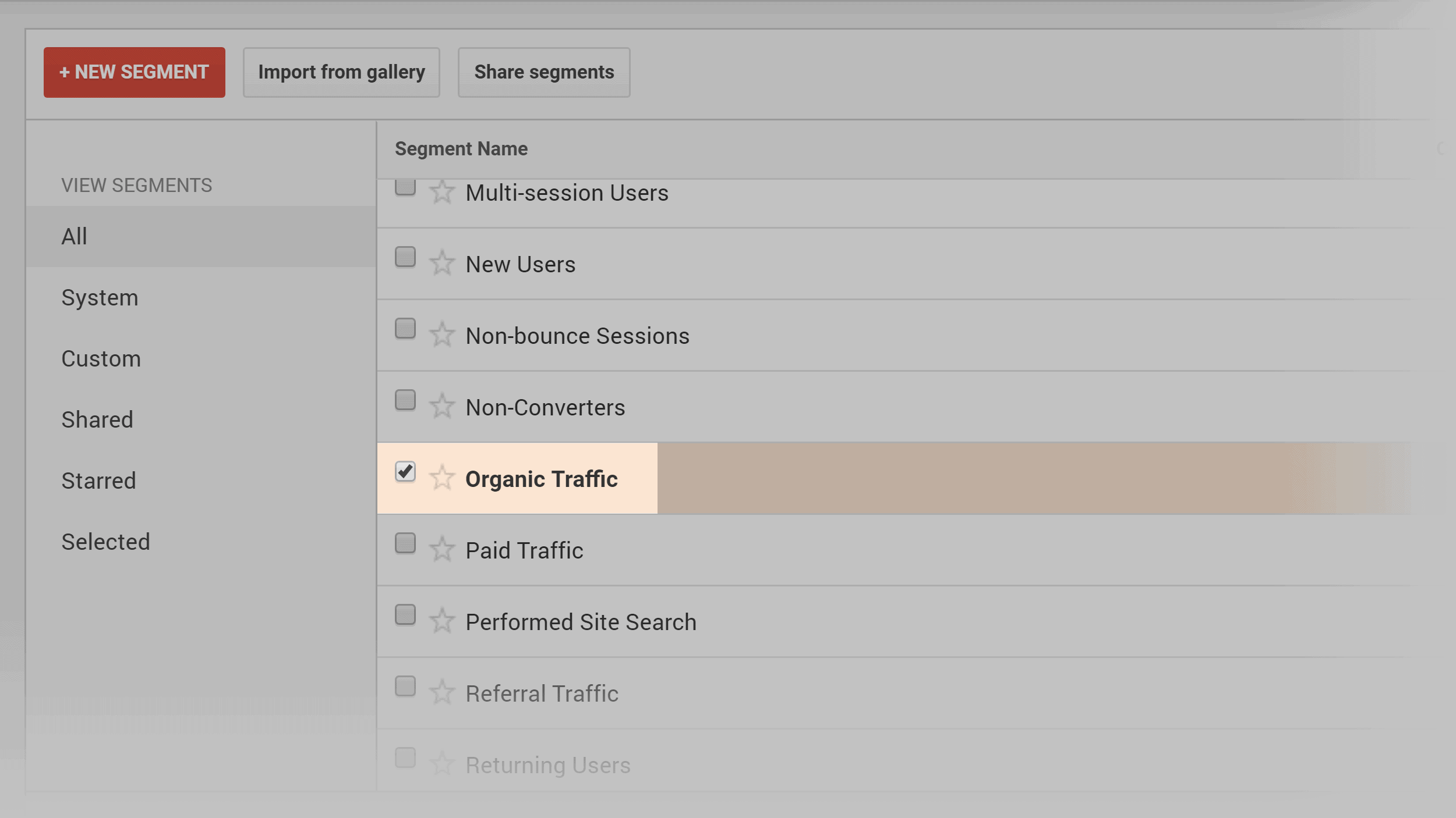 Google Analytics – Add Segment: Organic Traffic