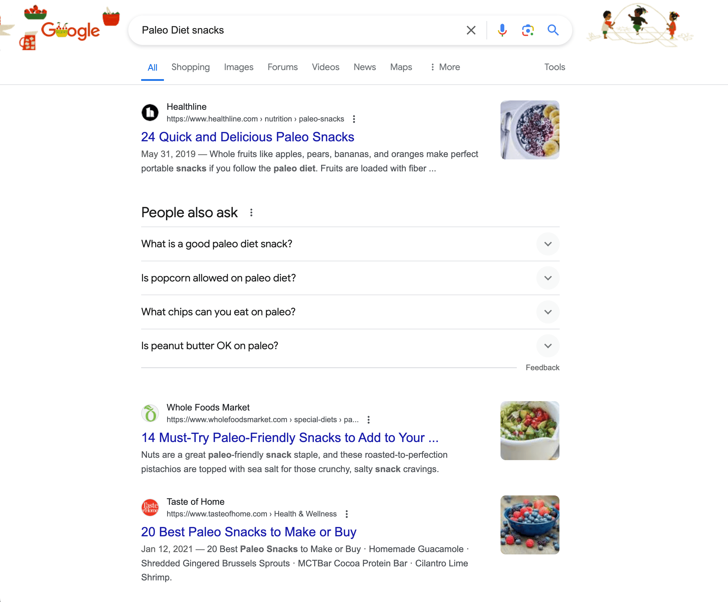 Google search for "Paleo Diet snacks"