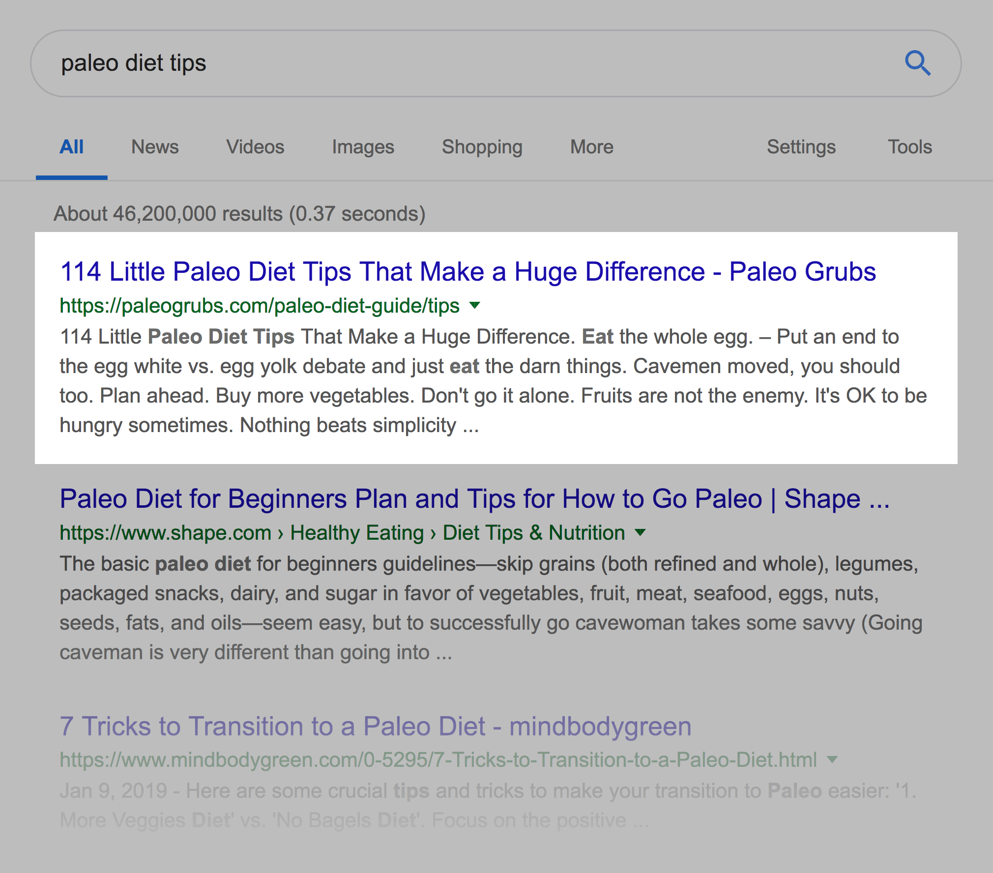 "paleo diet tips" SERPs