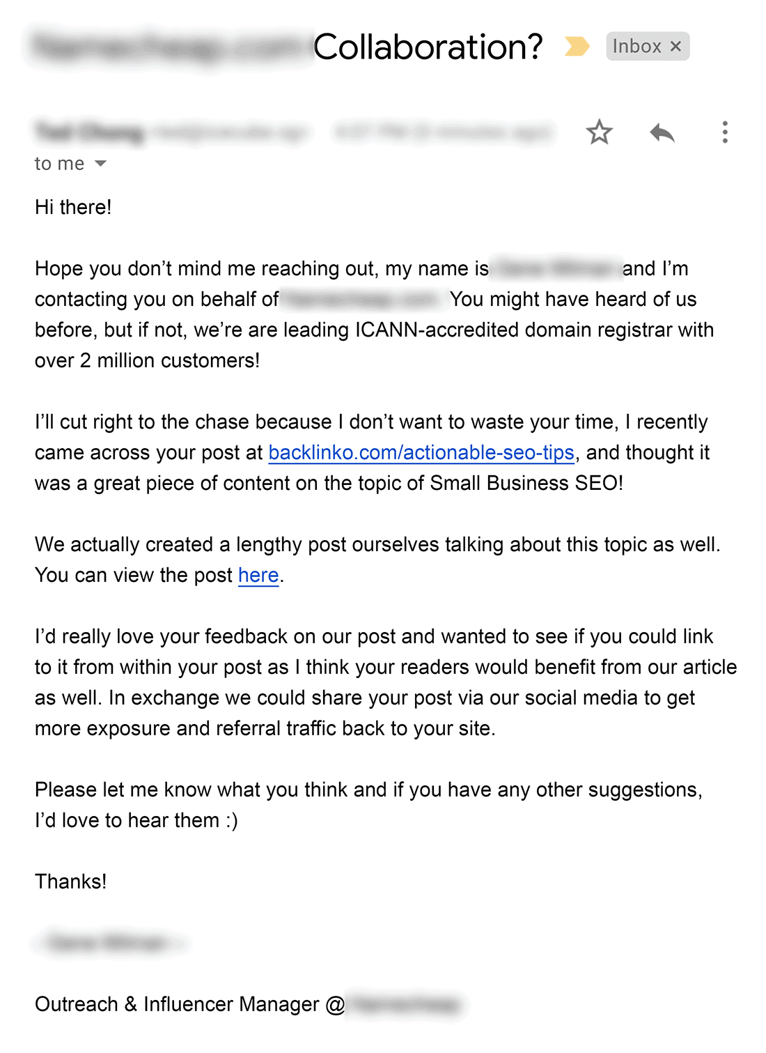 Generic outreach email Generic outreach email