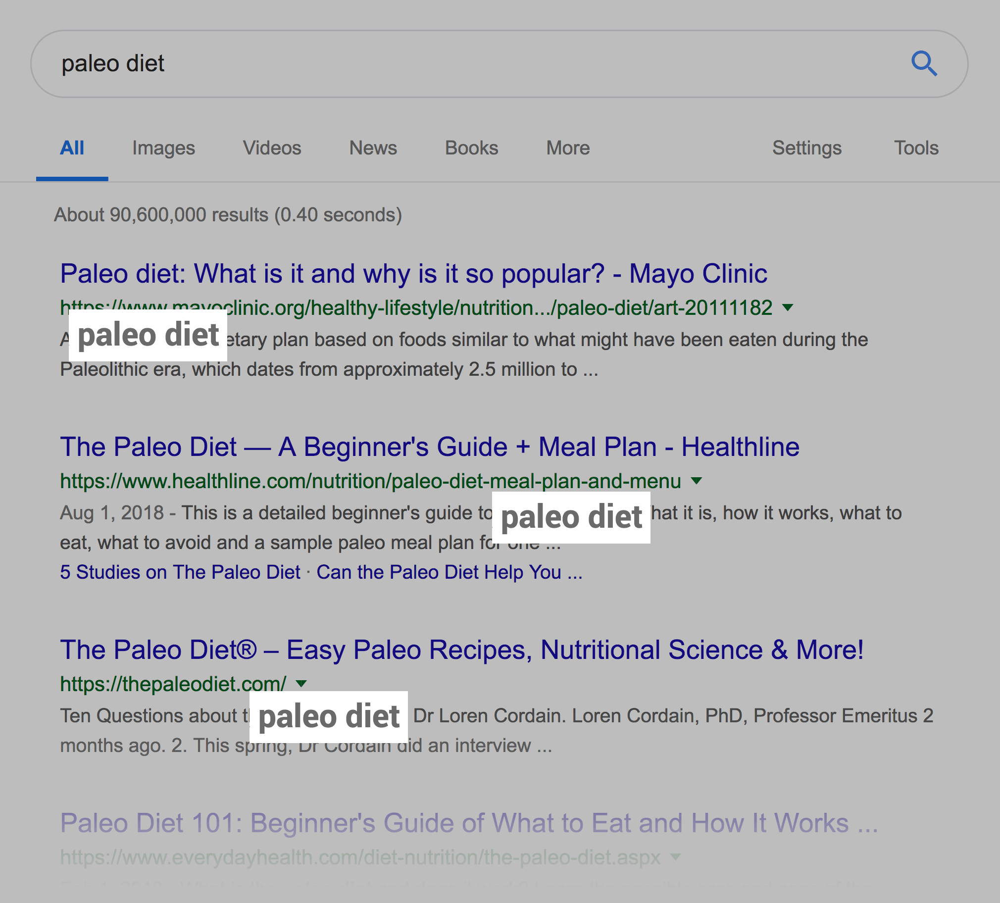 "paleo diet" SERP description