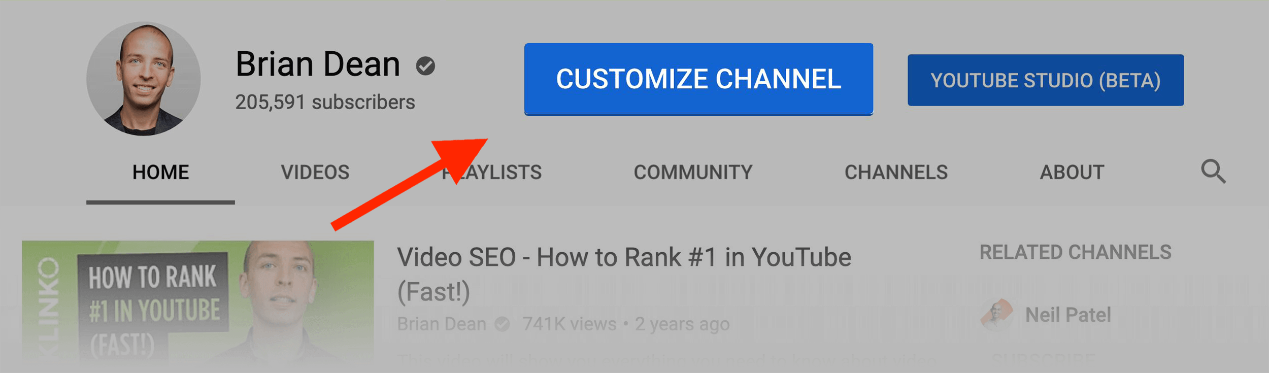 “Customize channel” button "Customize channel" button