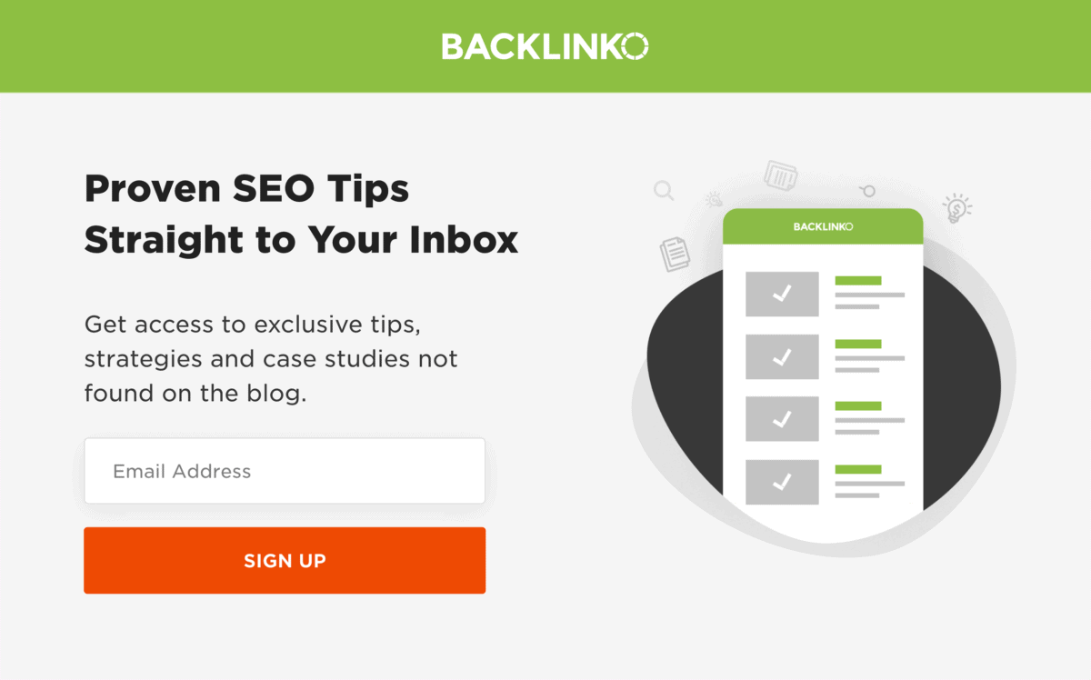 Backlinko newsletter squeeze page with "Proven SEO Tips Straight to Your Inbox" headline