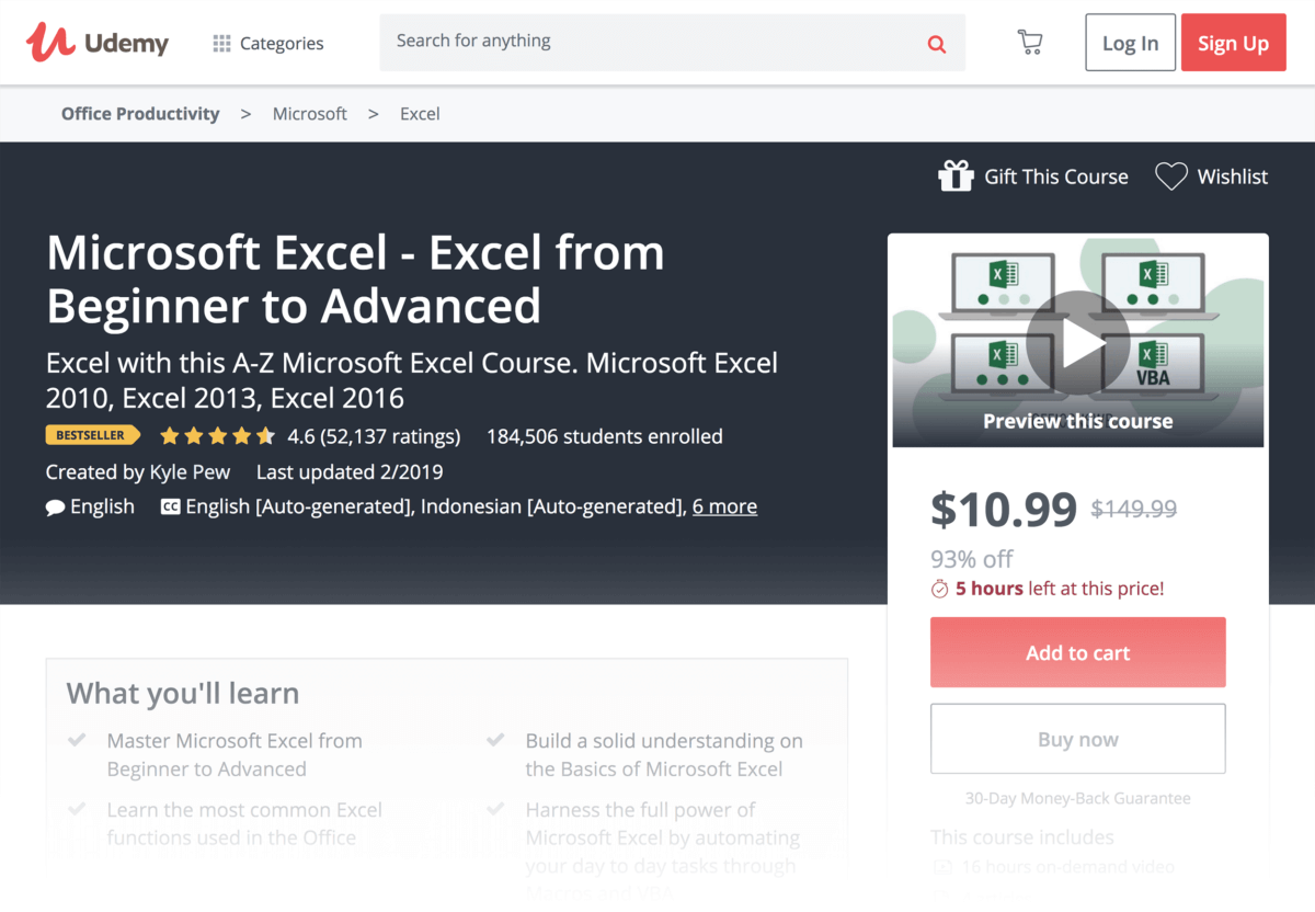 An example of an Excel course on Udemy