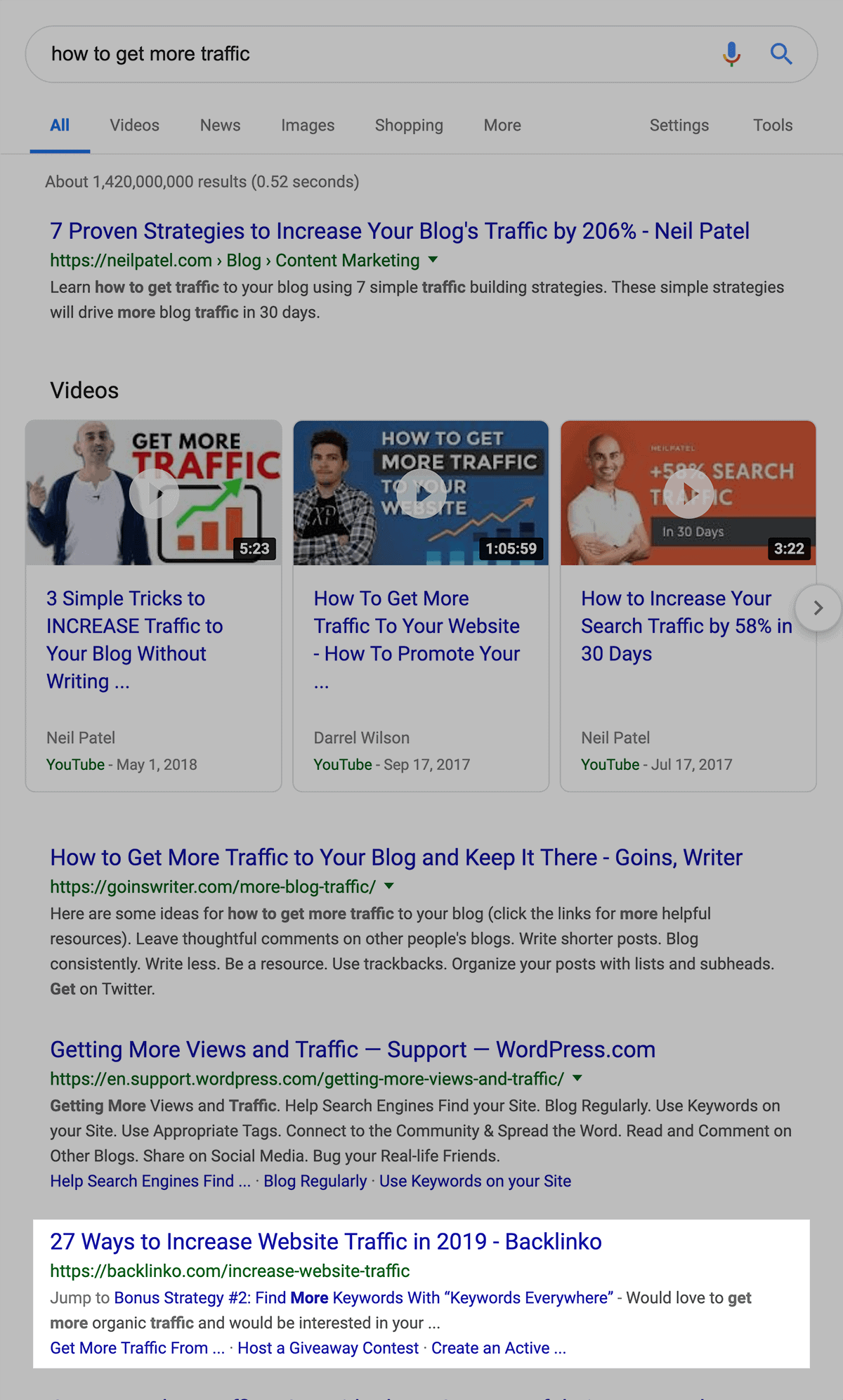Google rankings for "how to get more traffic"