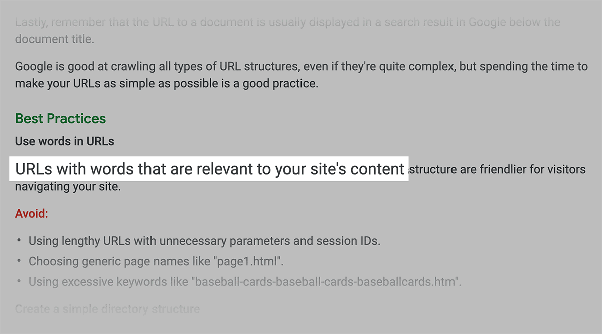 Google recommends using URLs with words relevant to site's content