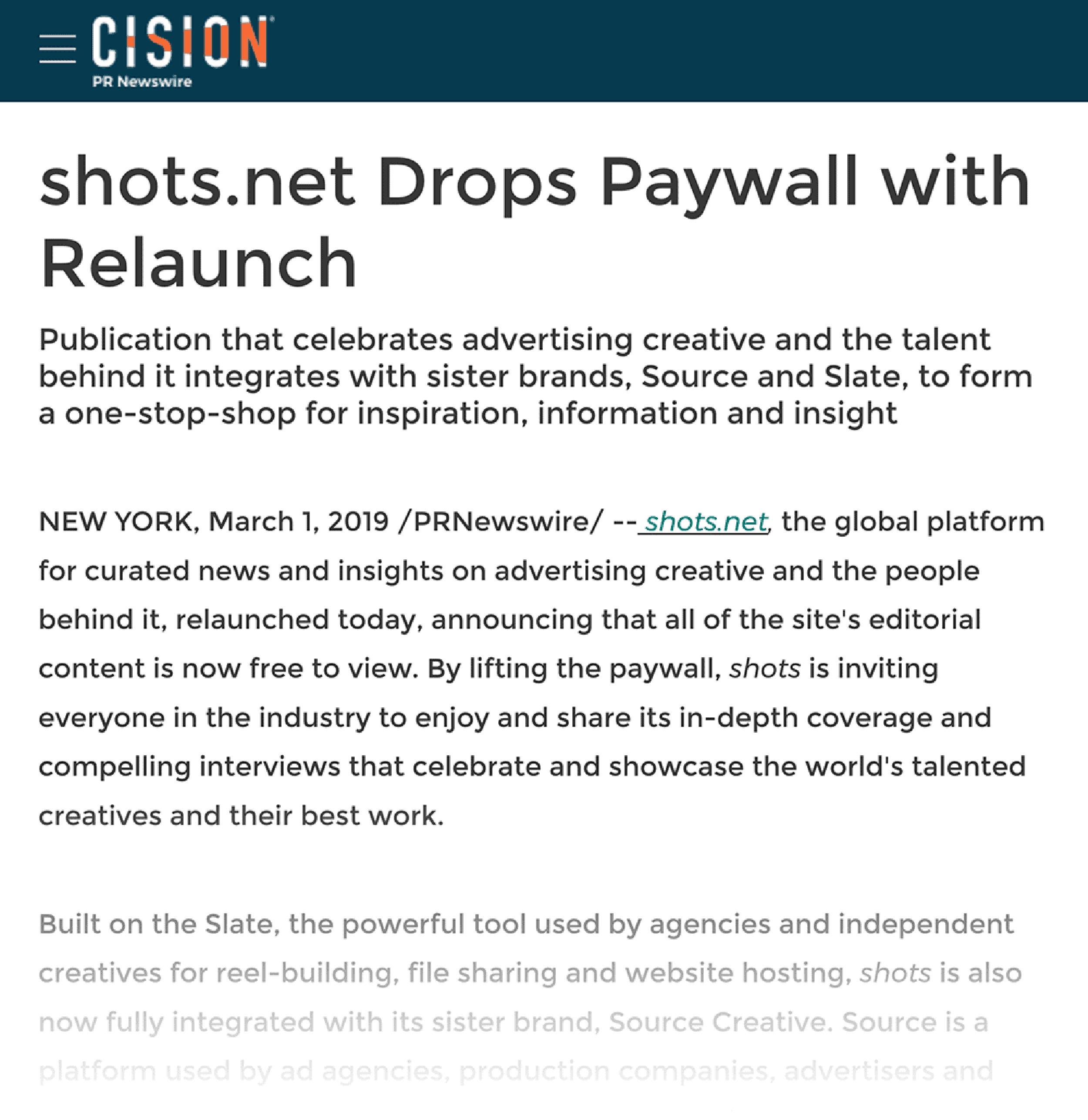 "Shots.net drops paywall" press release