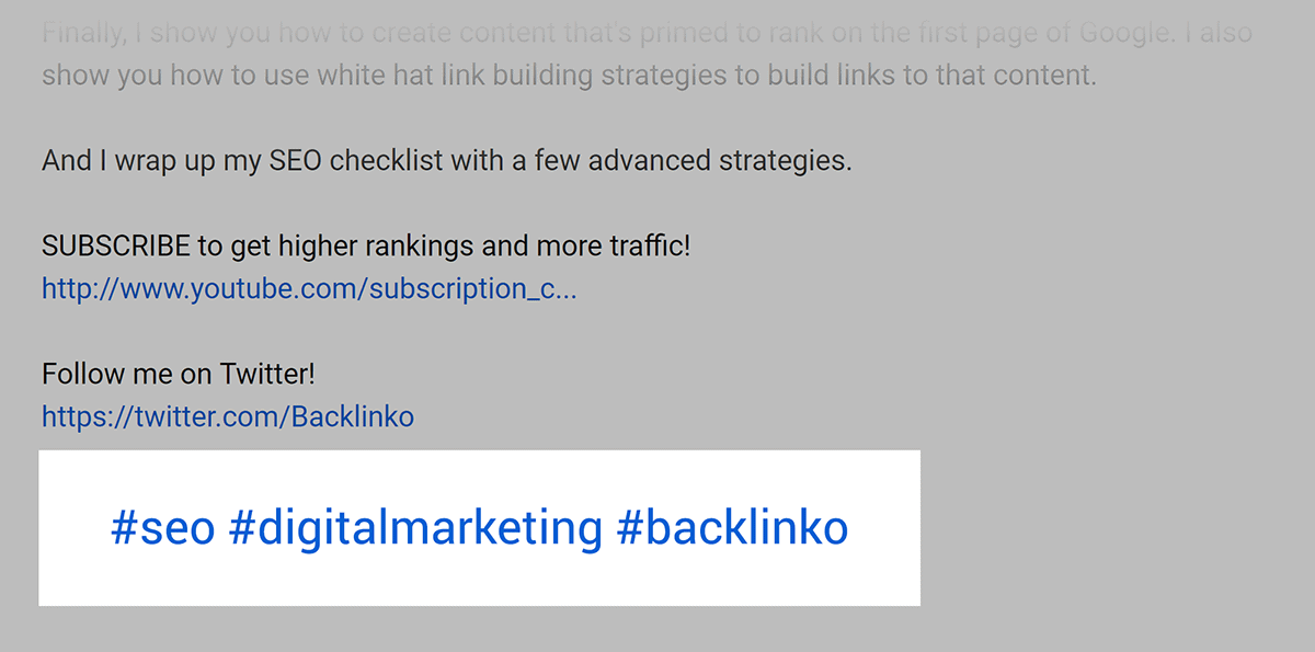 Hashtag links inside video description