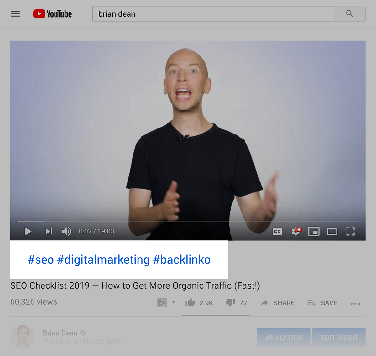 Hashtags above video title