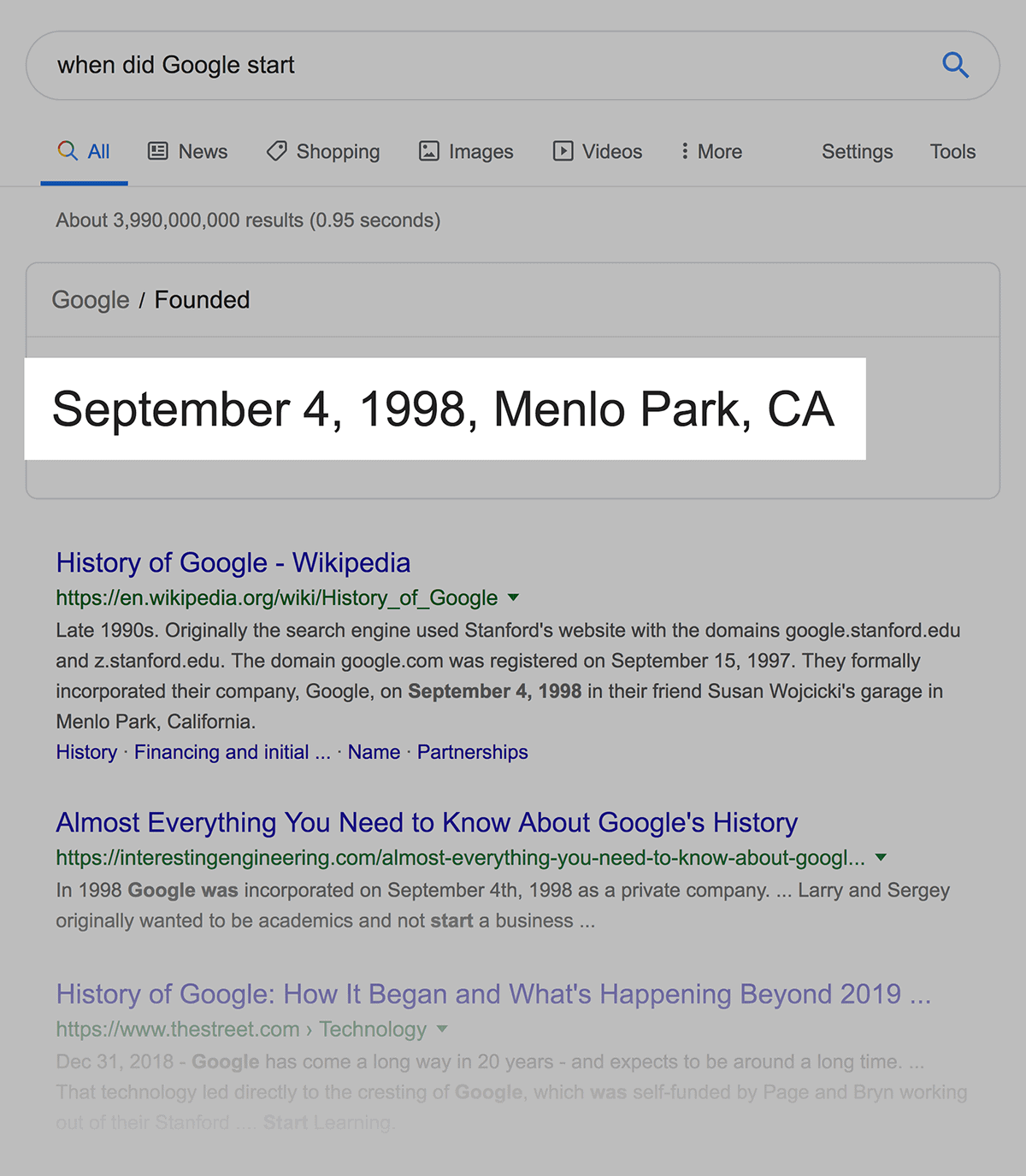 “when did Google start” SERPs "when did Google start" SERPs