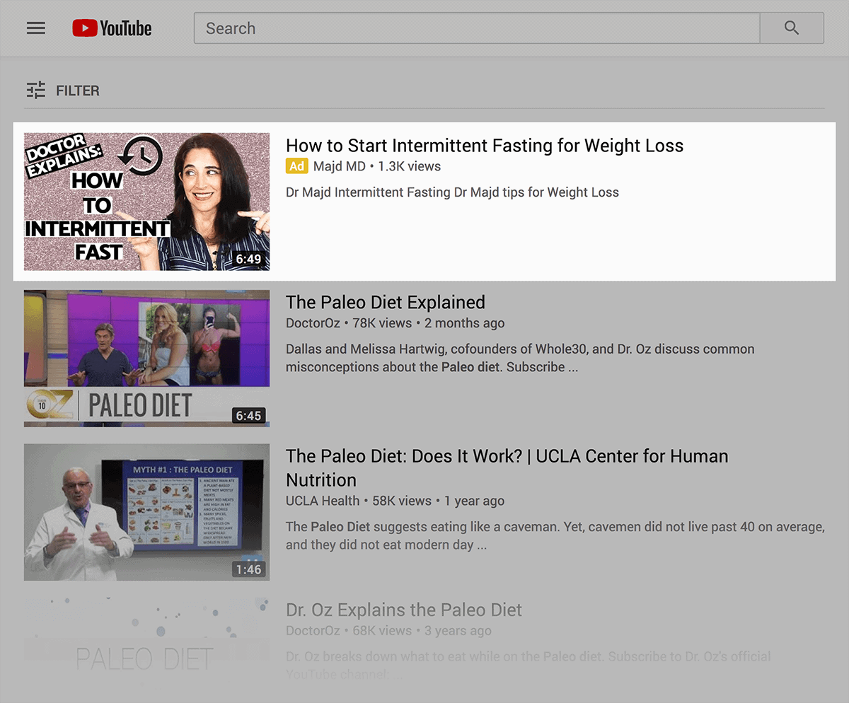 YouTube ad at top of search results