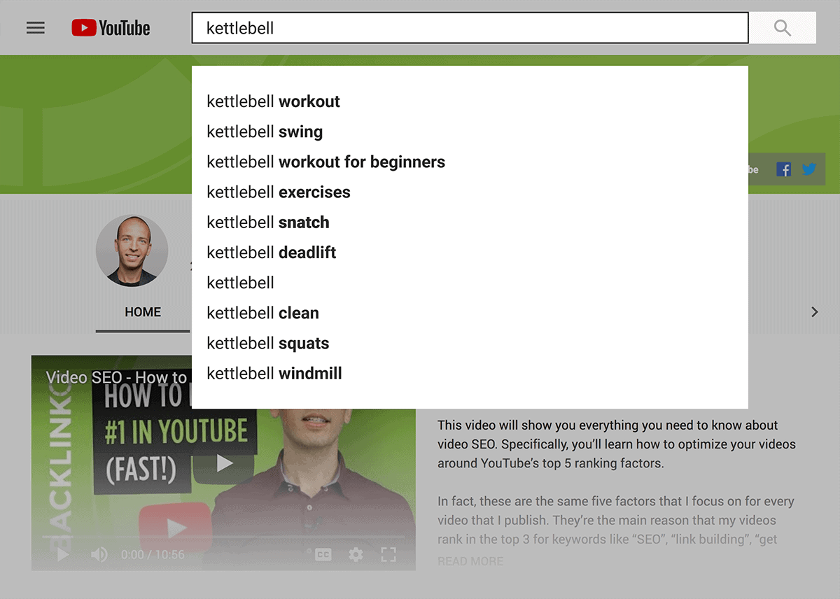 YouTube – "kettlebell" search suggestions