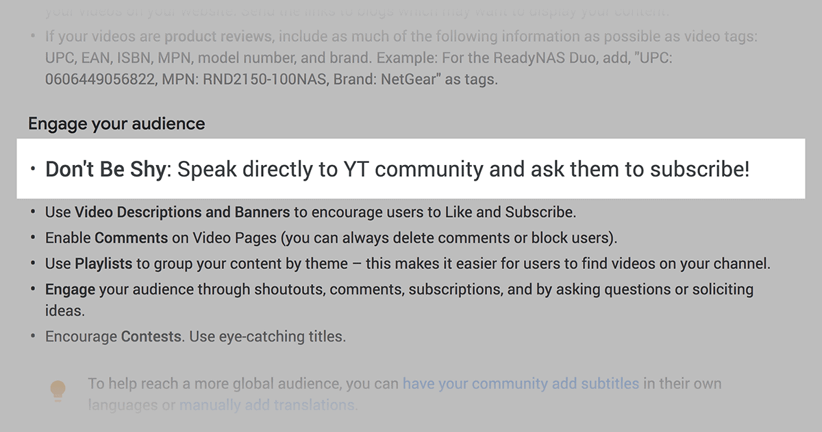 YouTube recommends asking viewers to subscribe