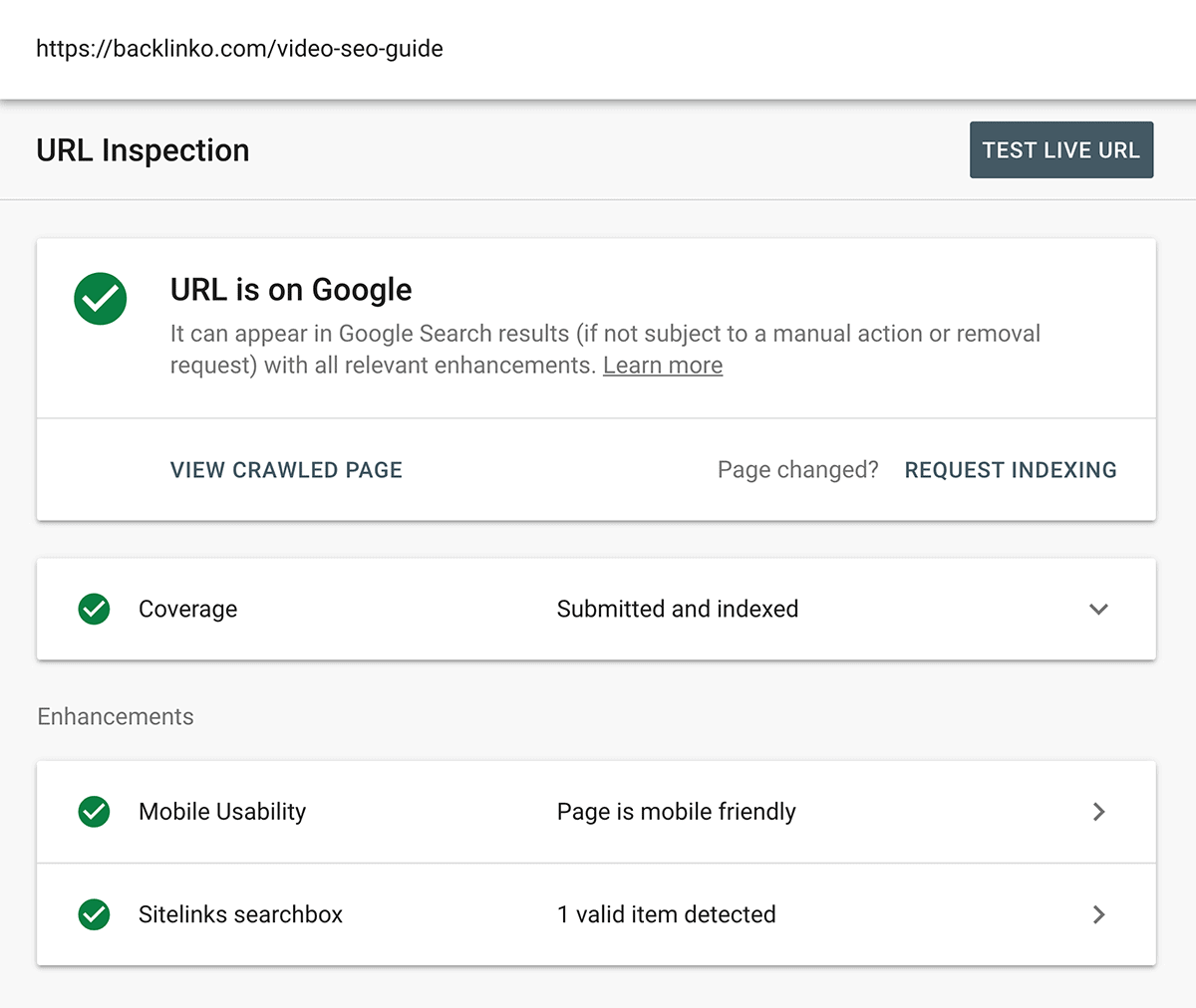 GSC – URL Inspection report