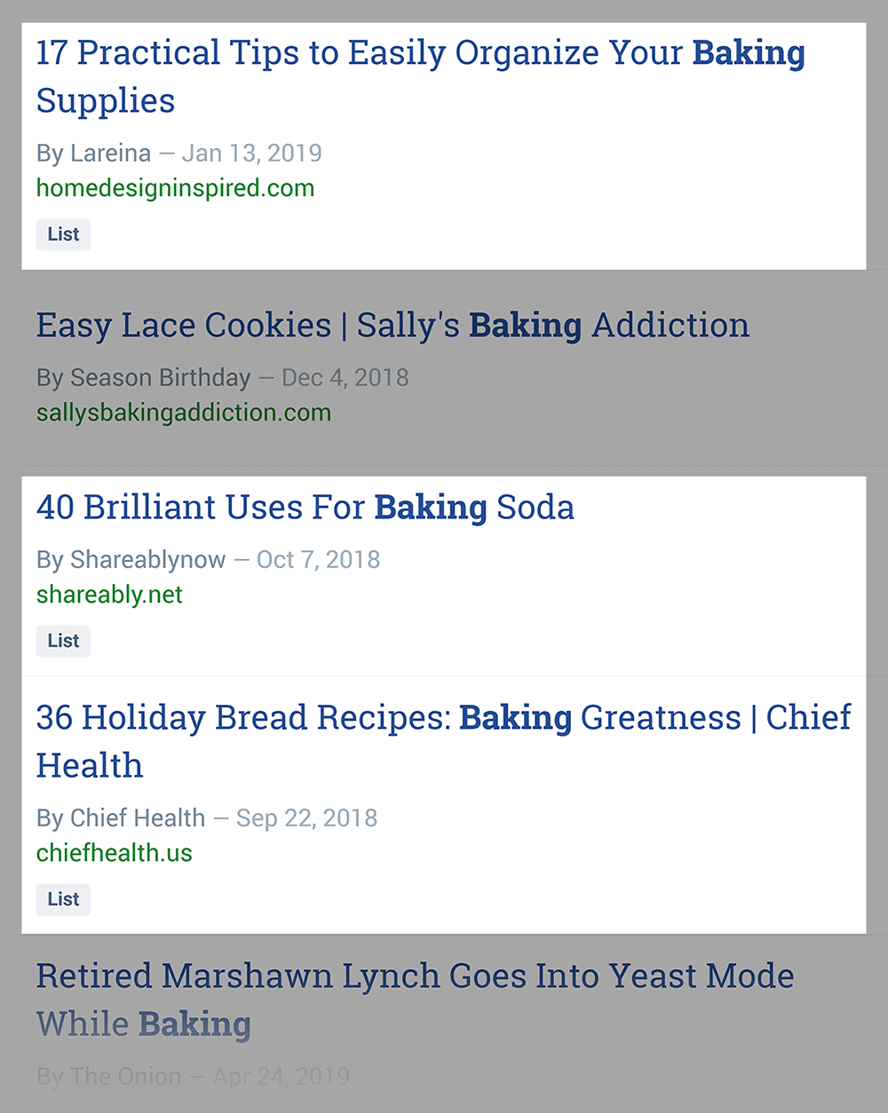 List posts in the baking niche