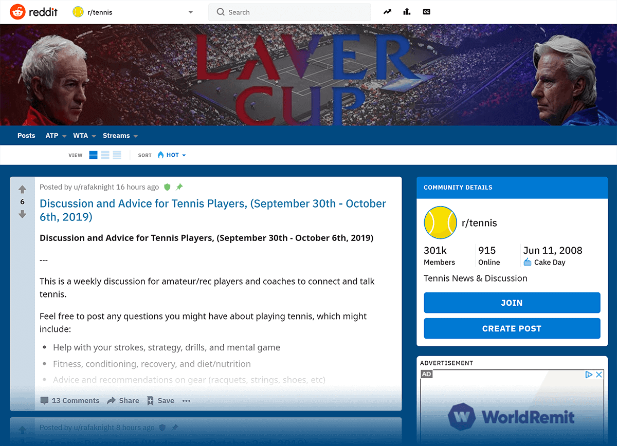 Reddit subreddit เทนนิส