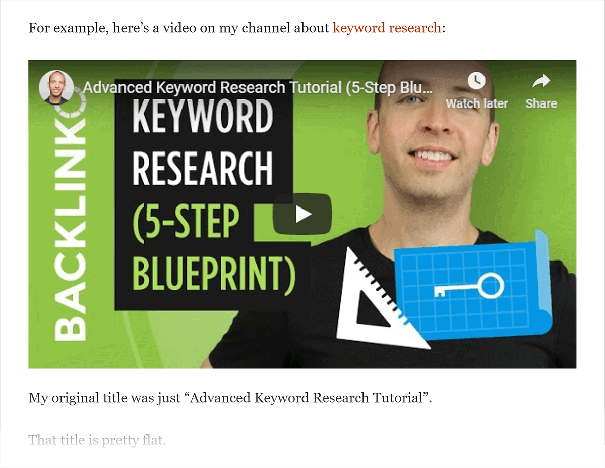 YouTube video embed on Backlinko blog post