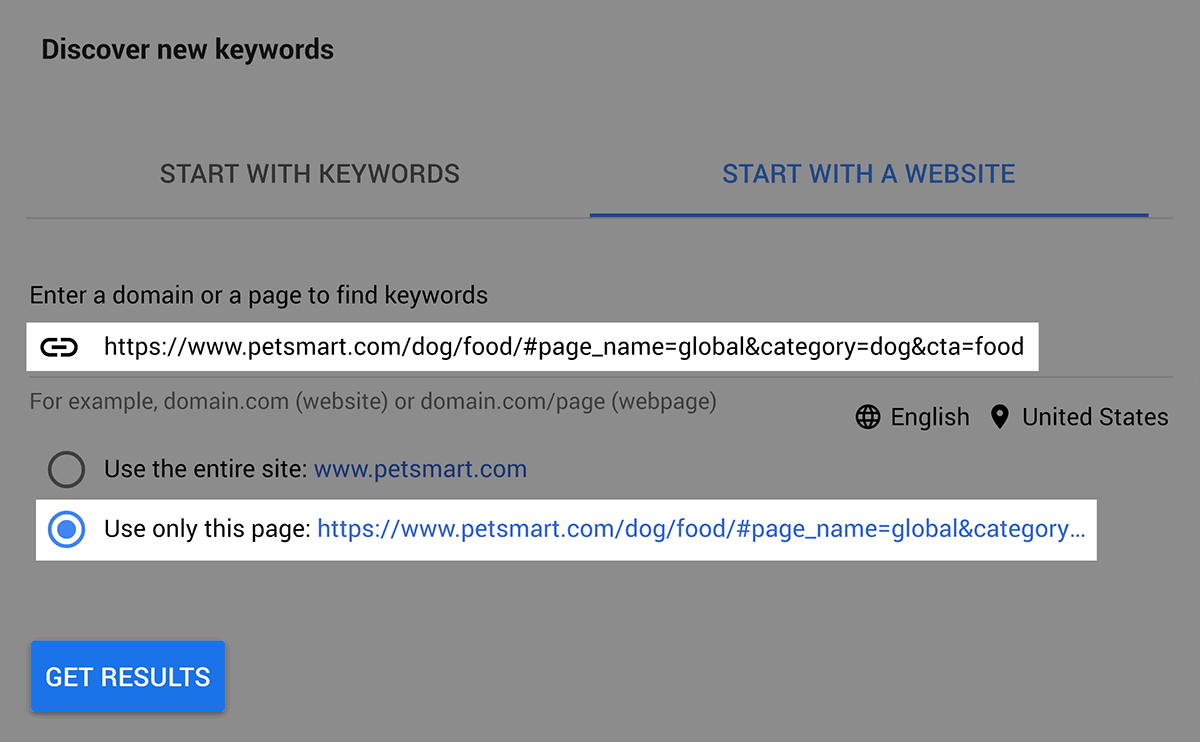 Google Keyword Planner – Start with website – PetSmart