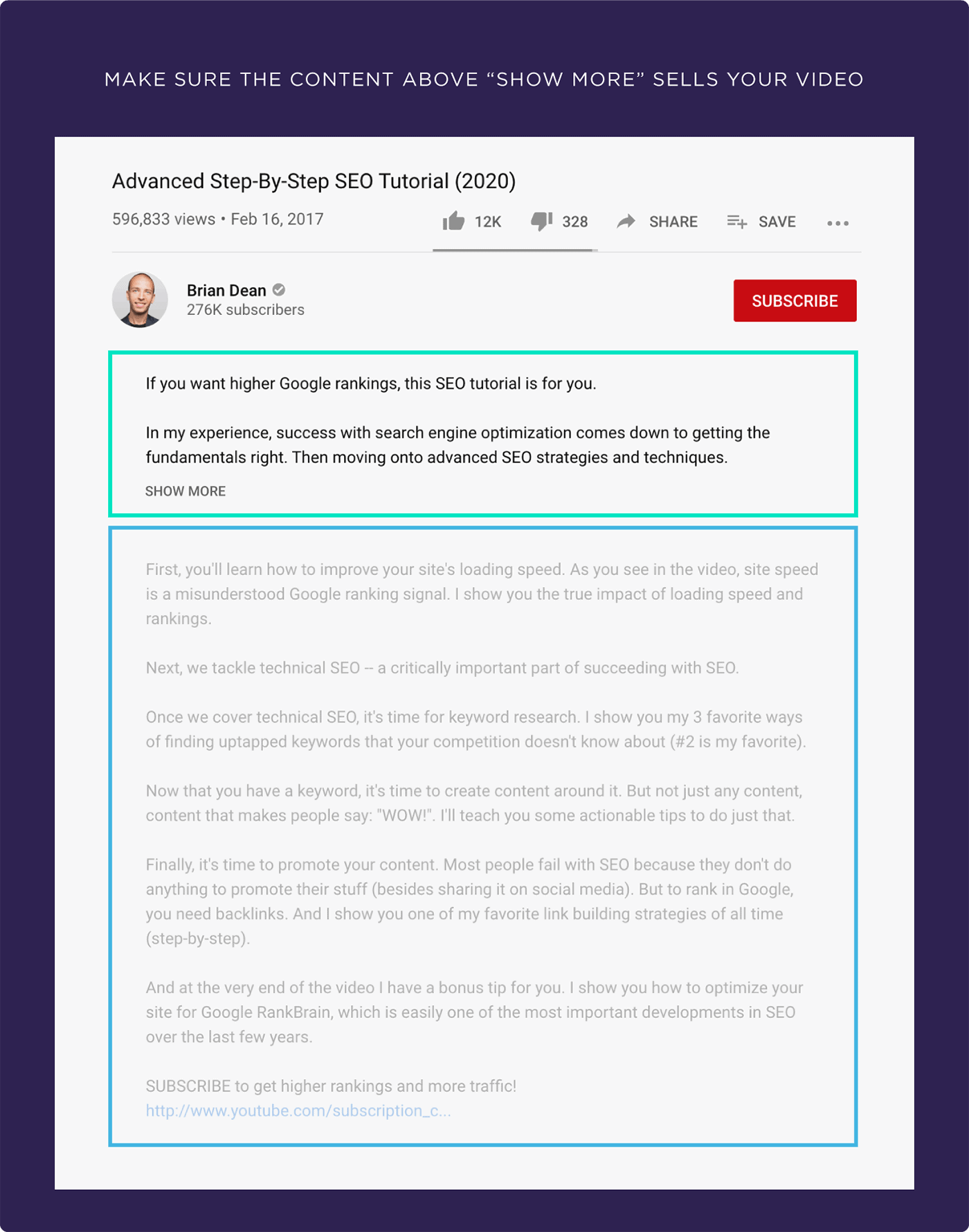 Make sure the content above “Show more” sells your video Make sure the content above "Show more" sells your video
