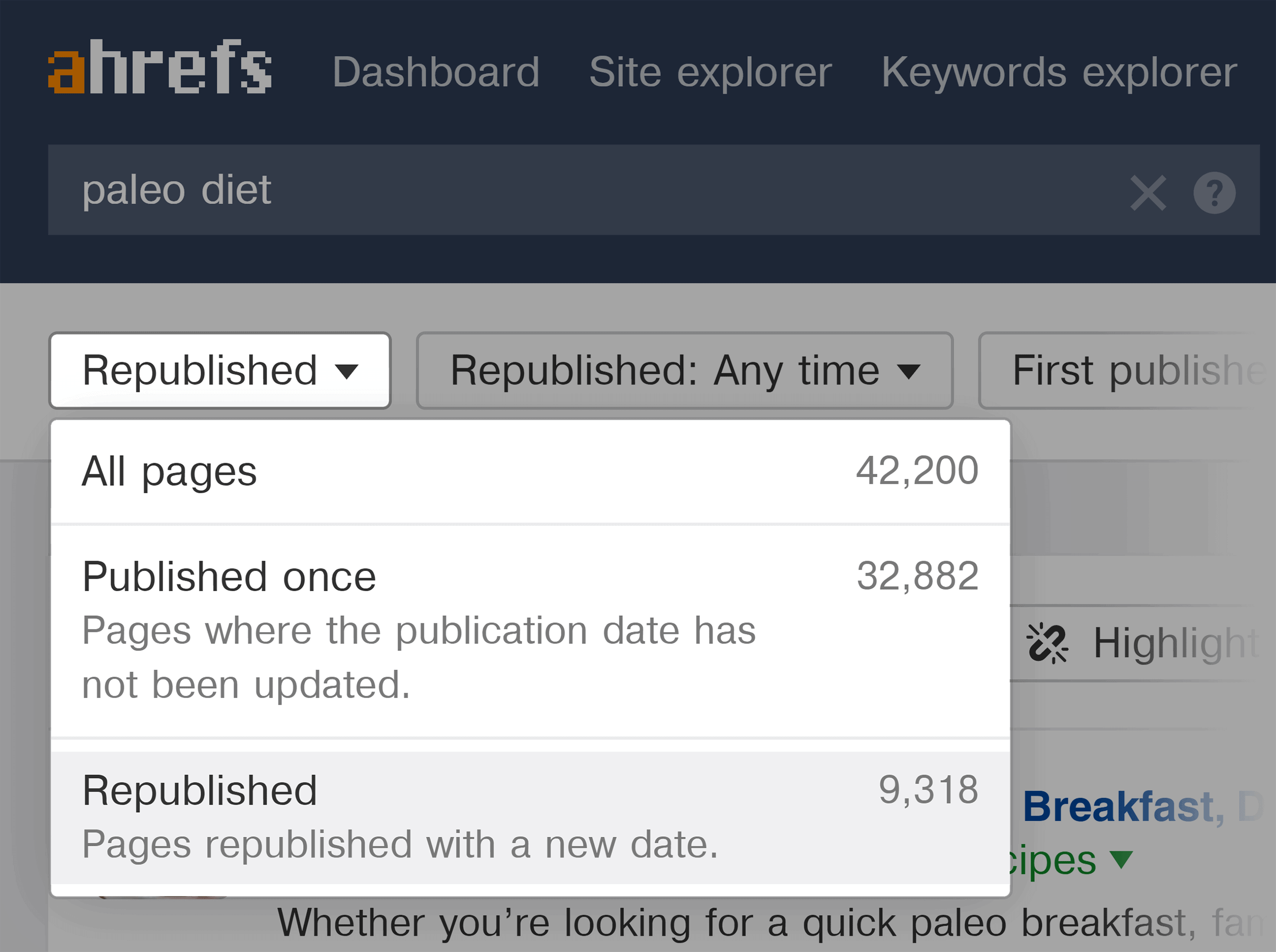 Ahrefs – ตัวสำรวจเนื้อหา – เมนูเผยแพร่ซ้ำ