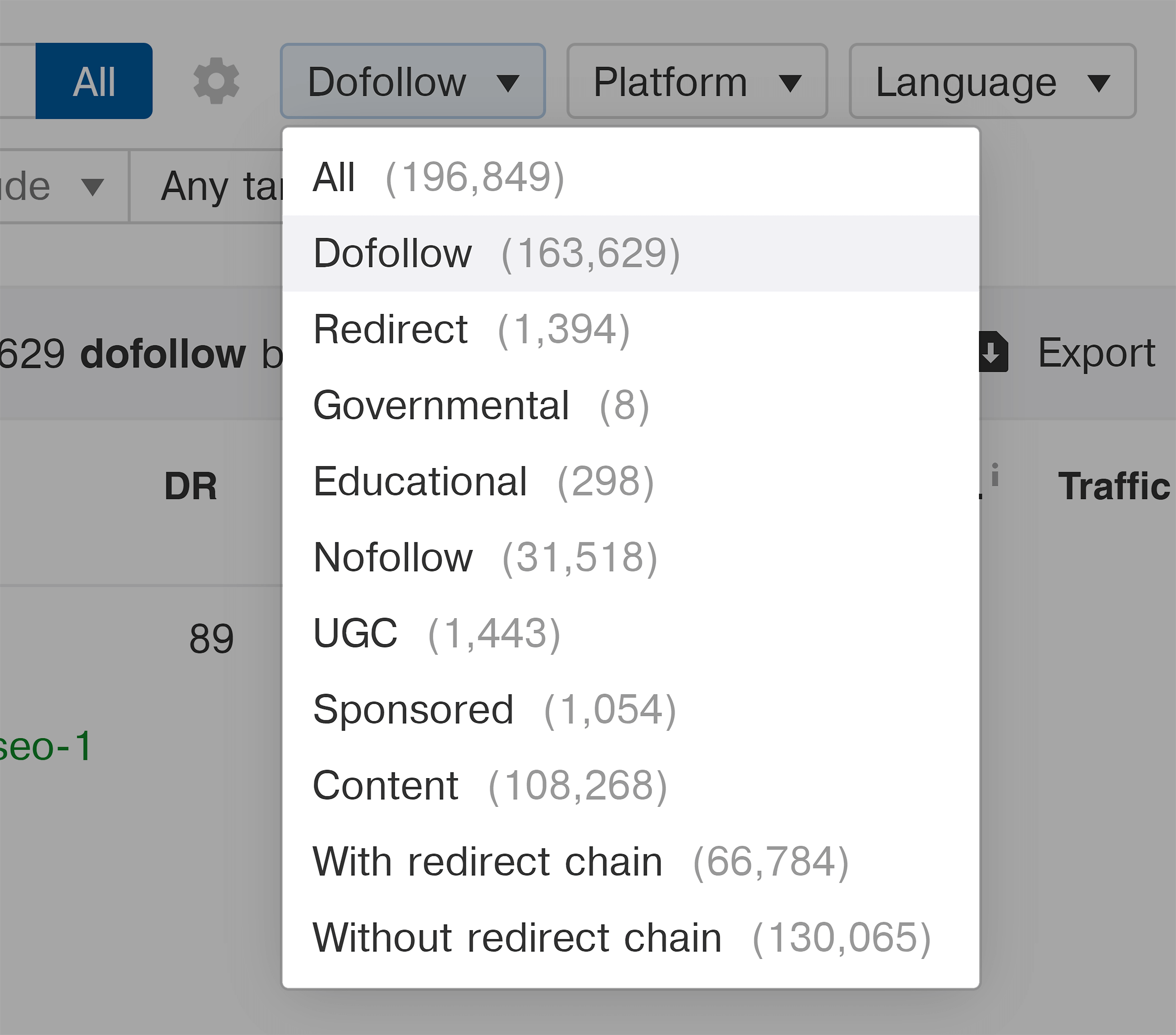 Ahrefs – ตัวสำรวจเว็บไซต์ – Dofollow filter