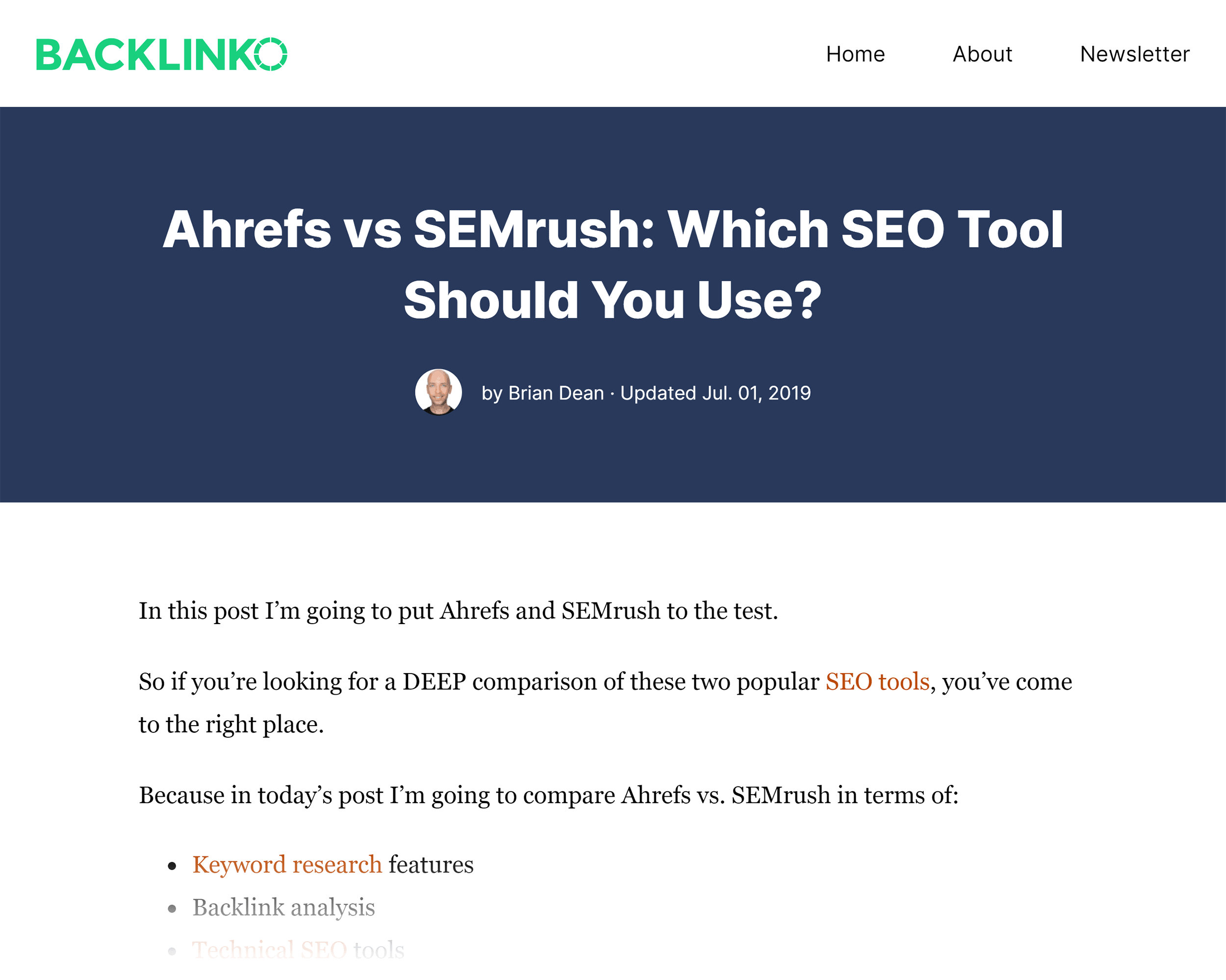 Backlinko – Ahrefs vs. SEMrush post