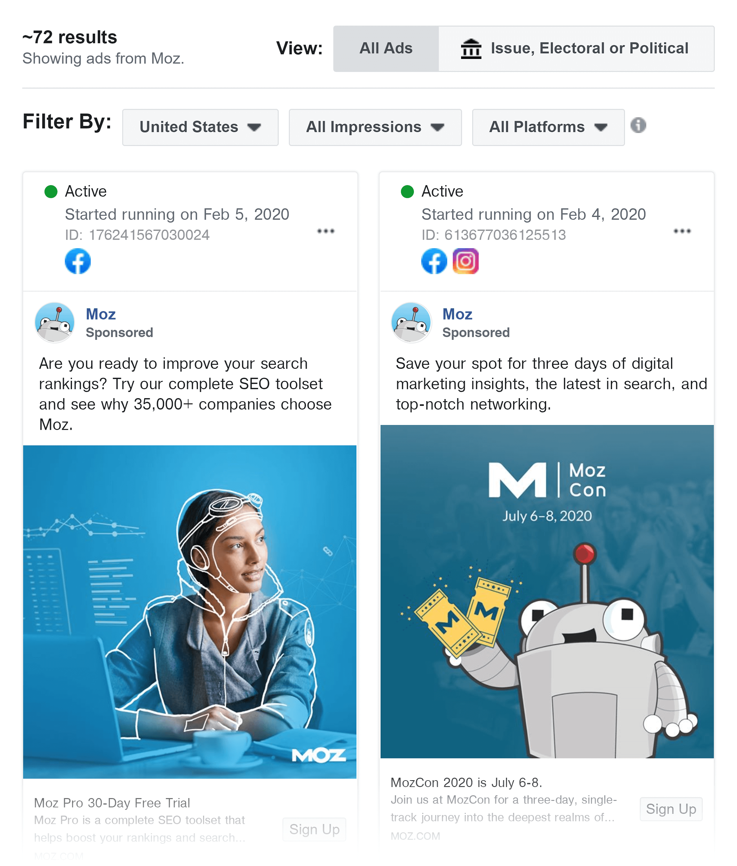 Facebook ad library – Moz ads