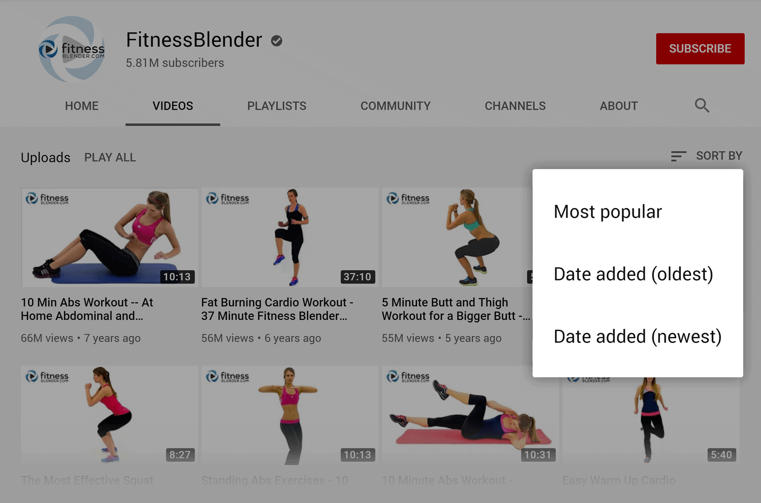 YouTube – FitnessBlender – Sort by most popular