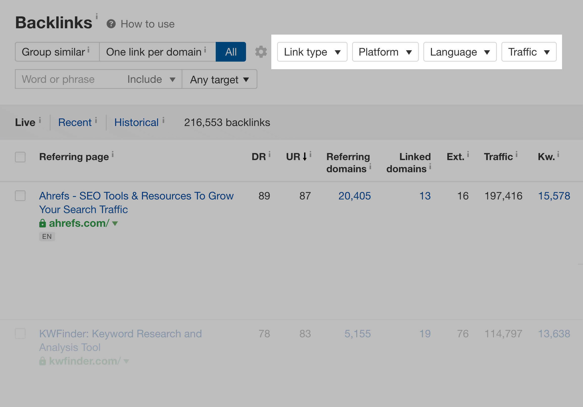 Ahrefs – filtros de pesquisa de backlinks