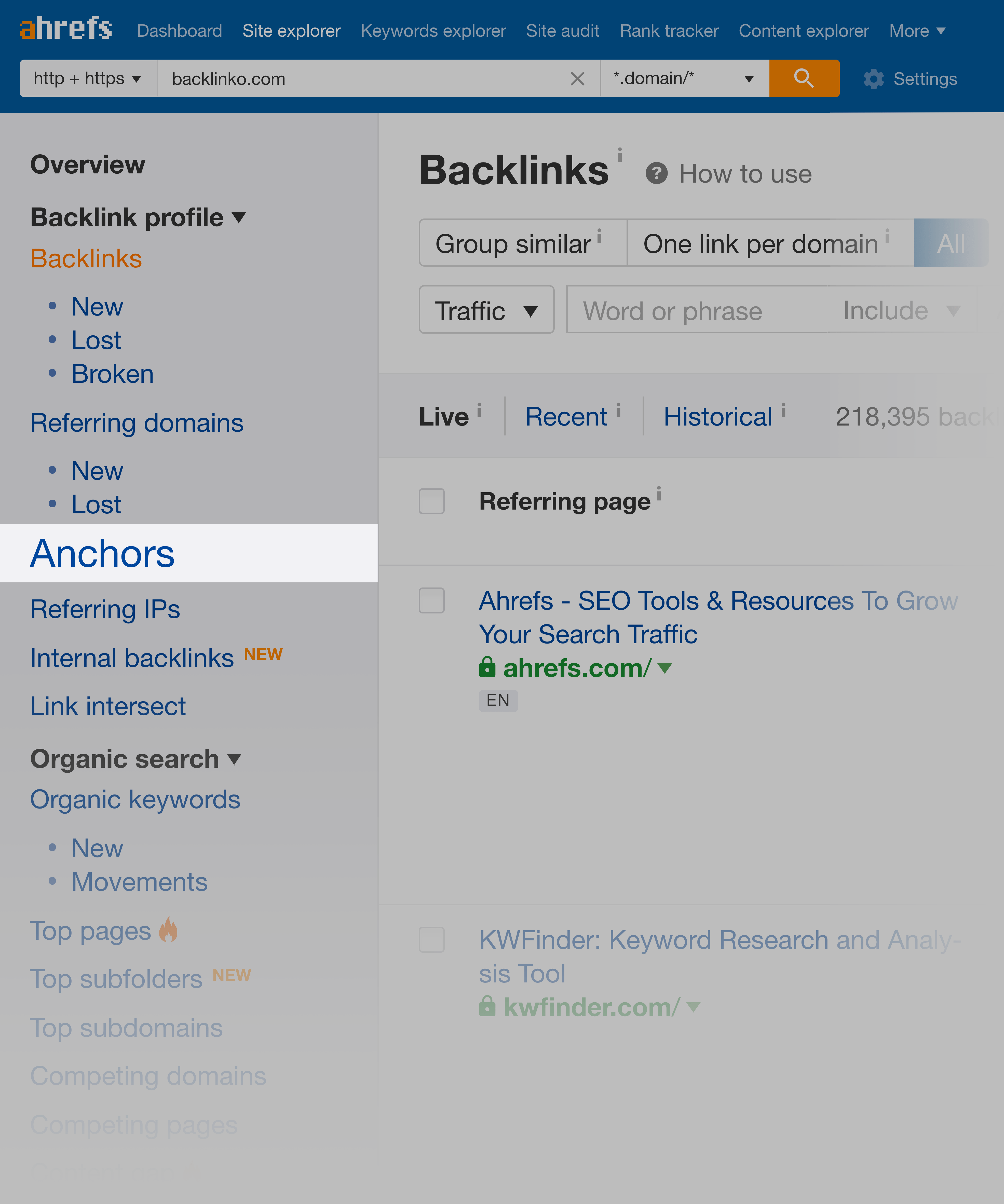 Ahrefs – âncoras da barra lateral