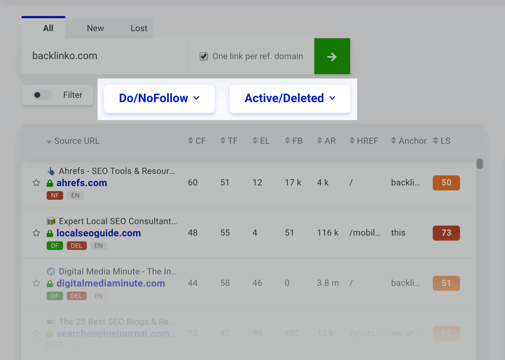 Filtros de análise do Link Miner