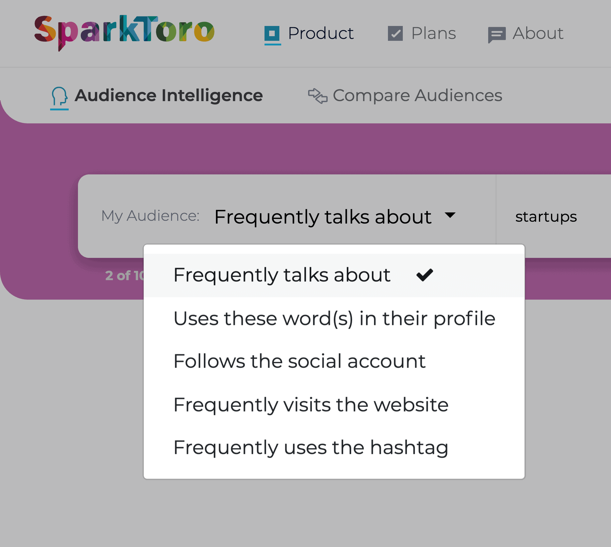 Sparktoro – Audience Intelligence Dropdown Menu