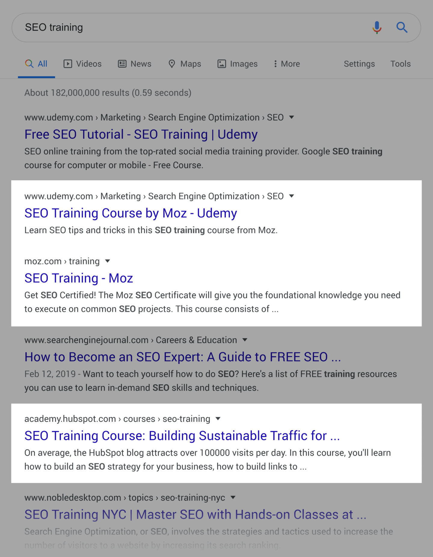 SERP 中的 SEO 培训落地页