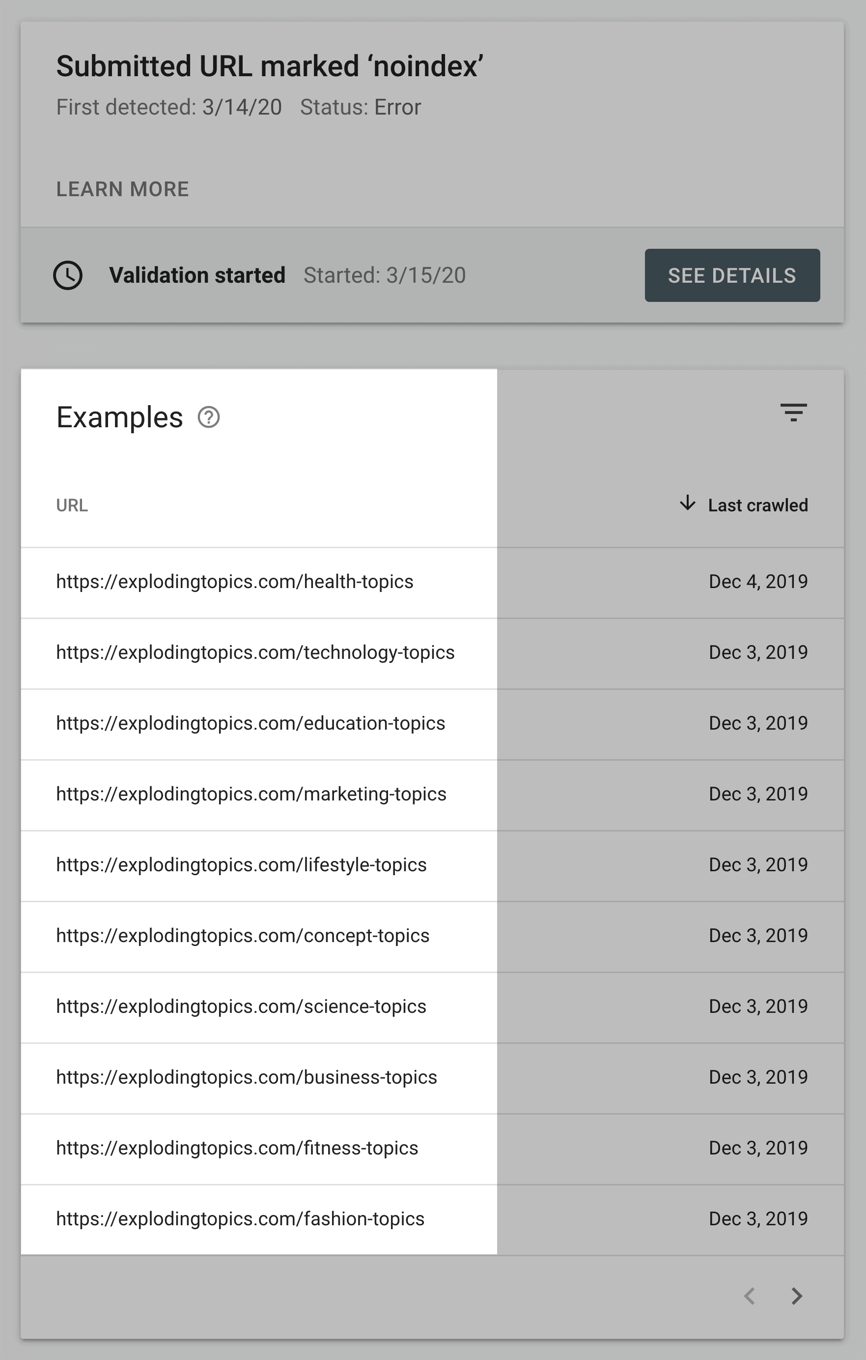 Google Search Console Noindex URLs