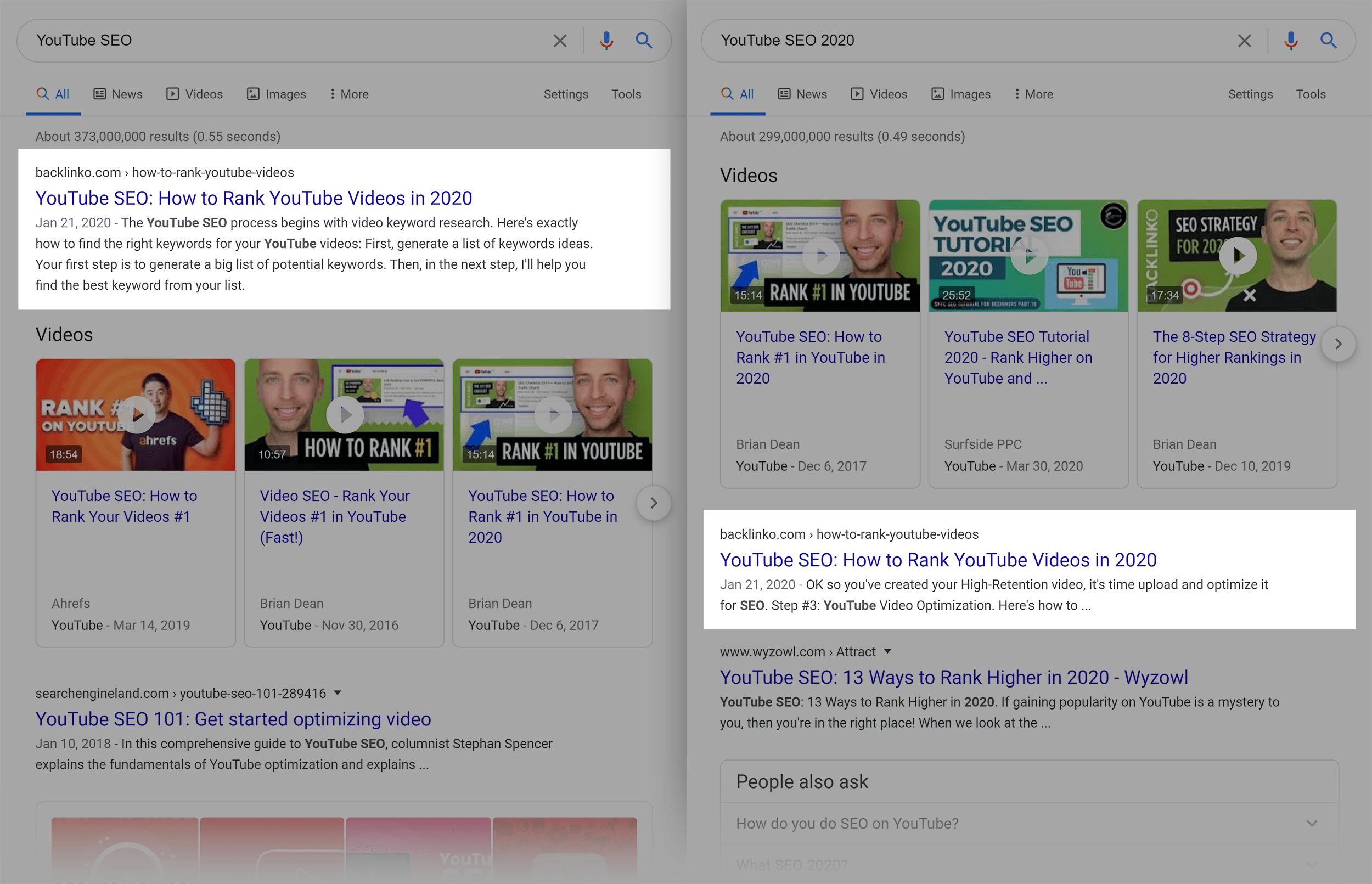 YouTube SEO SERP Side By Side