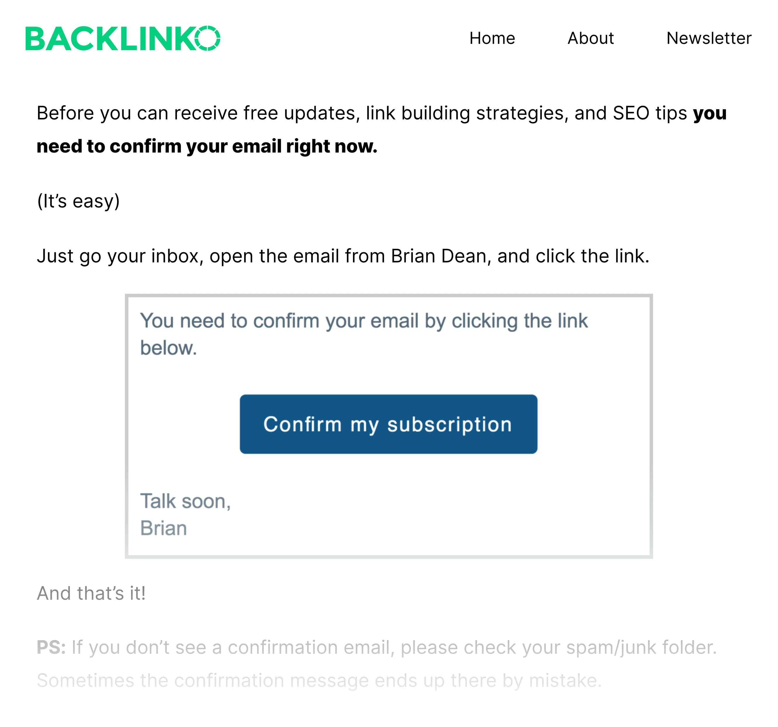 Backlinko – Confirm Email Page