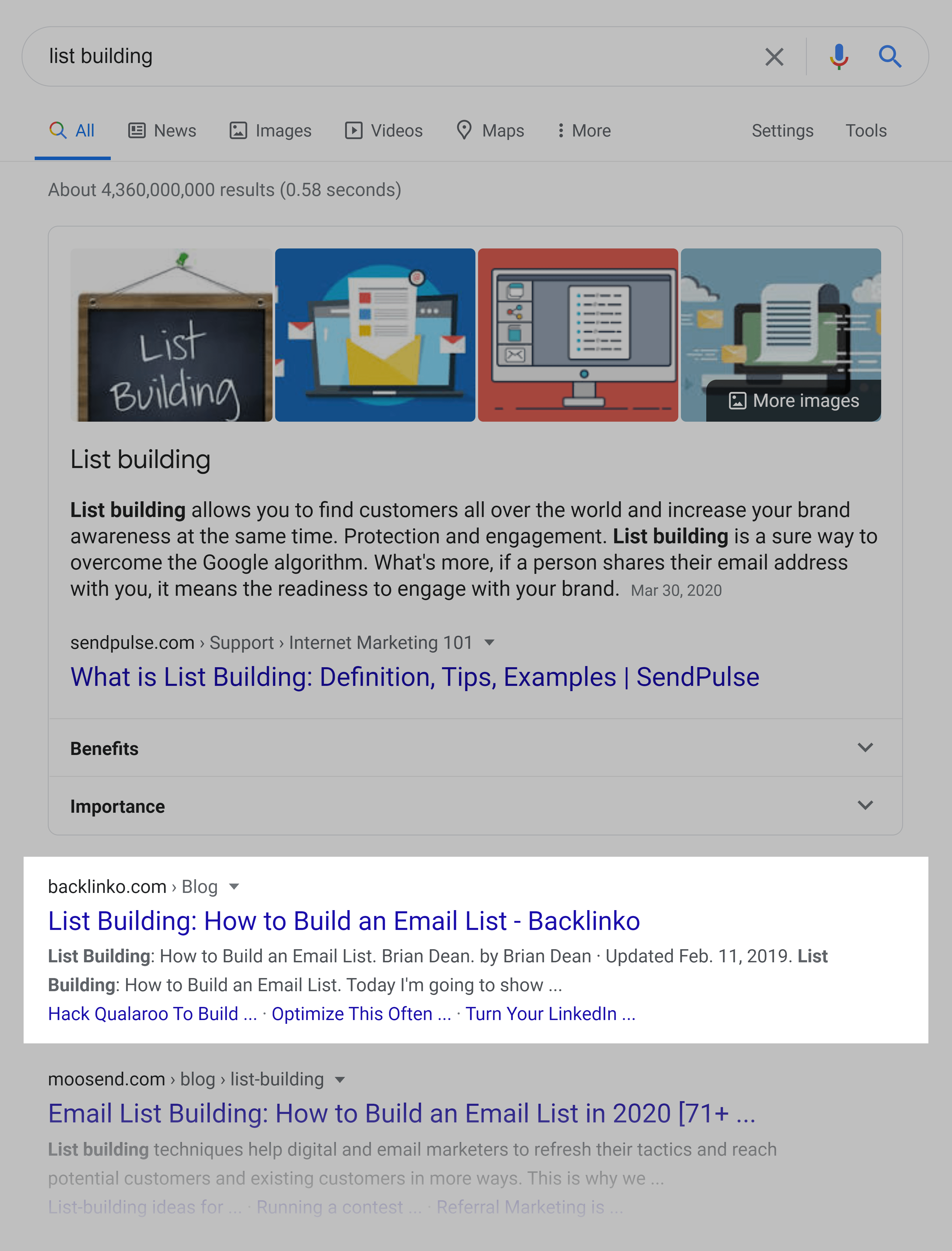 Current Google SERP – List building Current Google SERP – List building