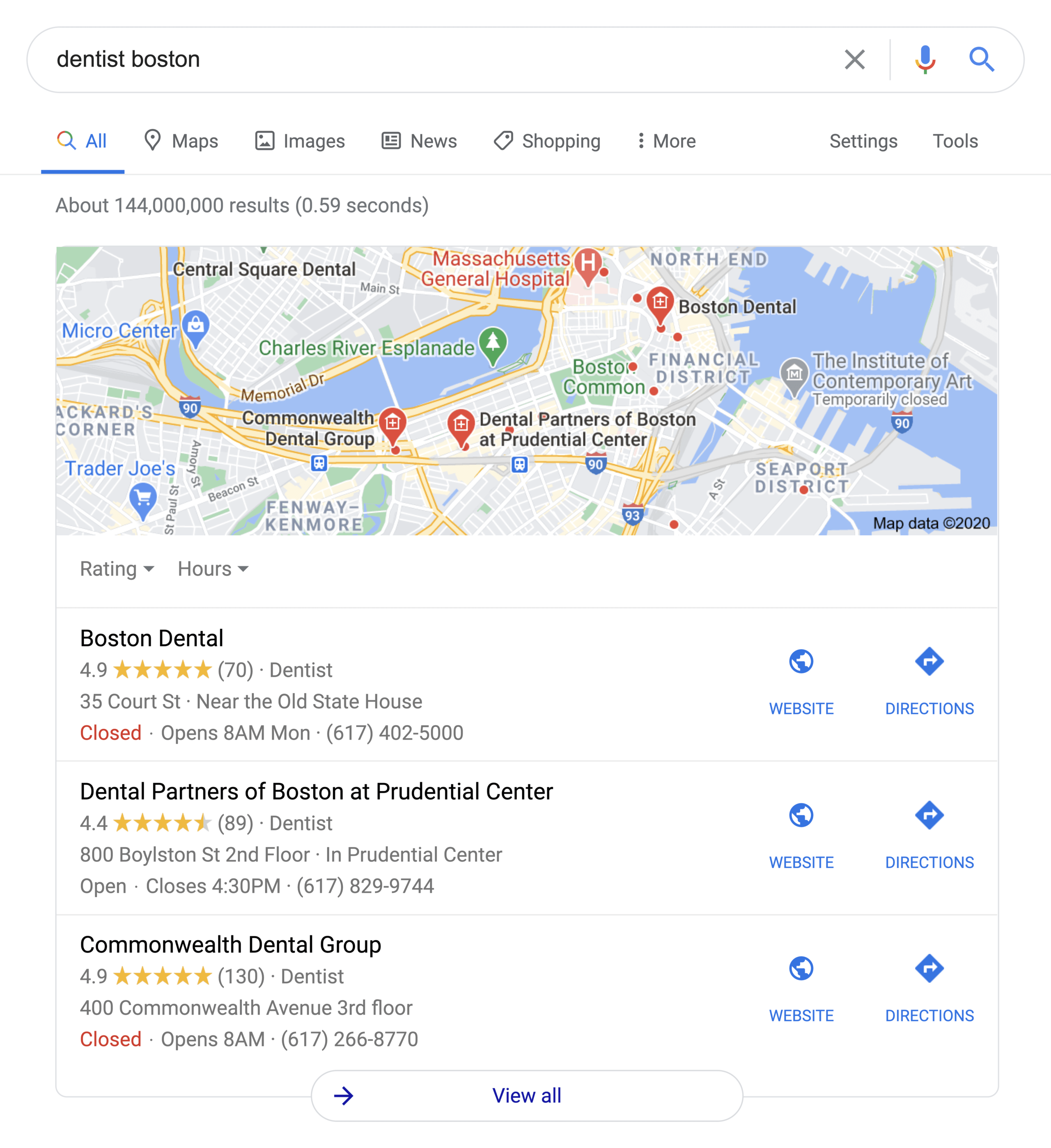 Dentist Boston Local SERPs