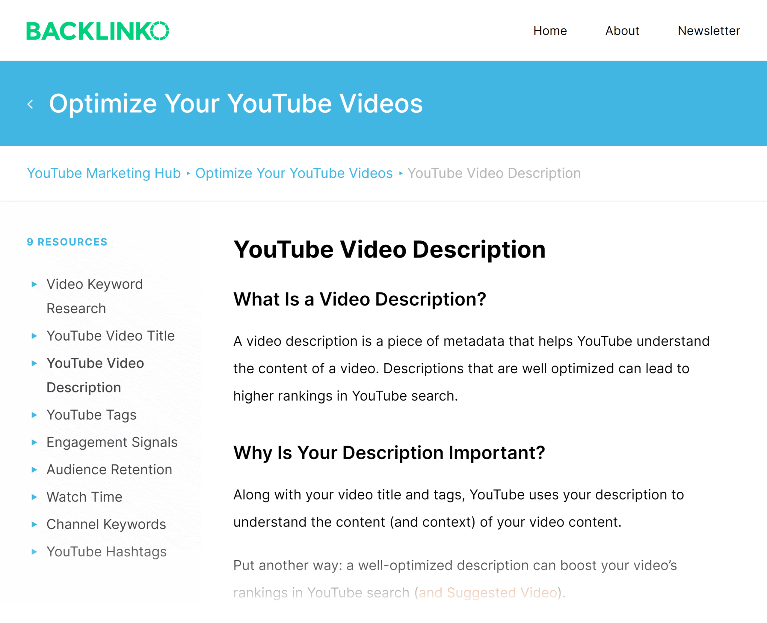 Backlinko – Hub – Description de la vidéo YouTube