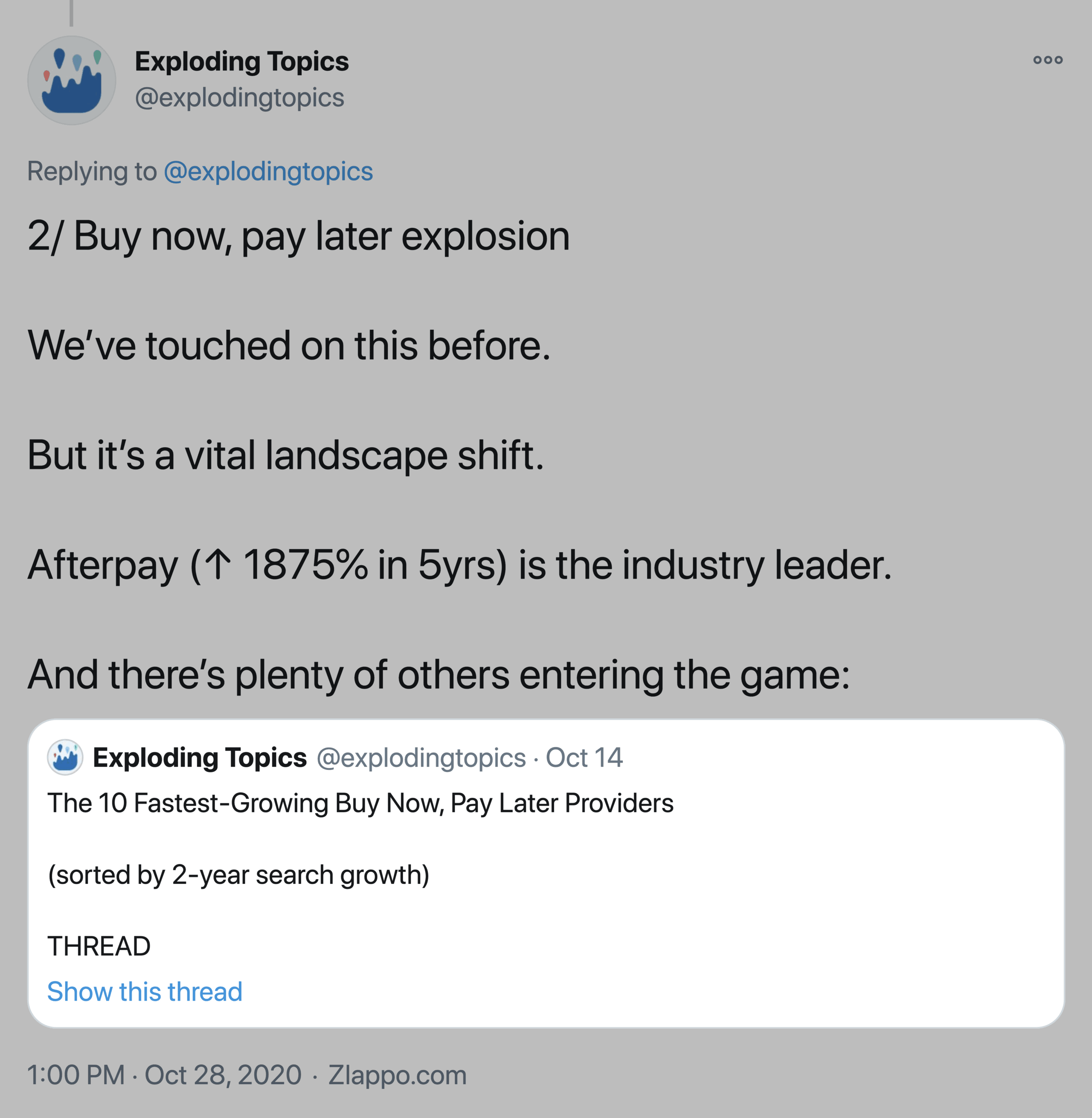 Exploding Topics – BNPL Tweet With Internal Link