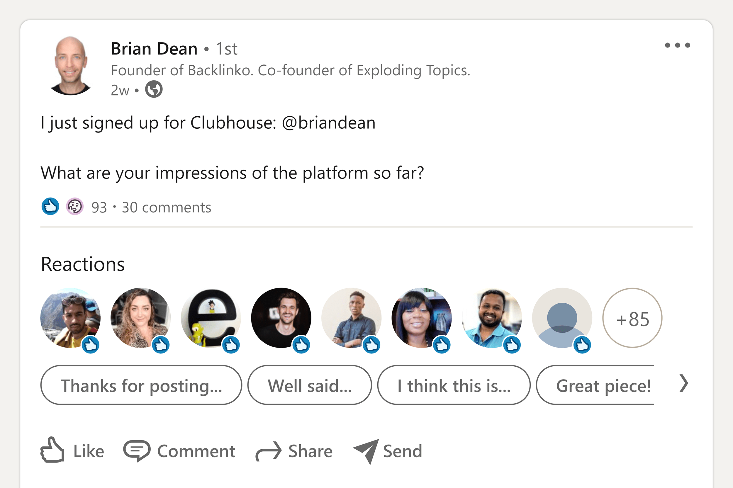 Brian's LinkedIn Clubhouse post